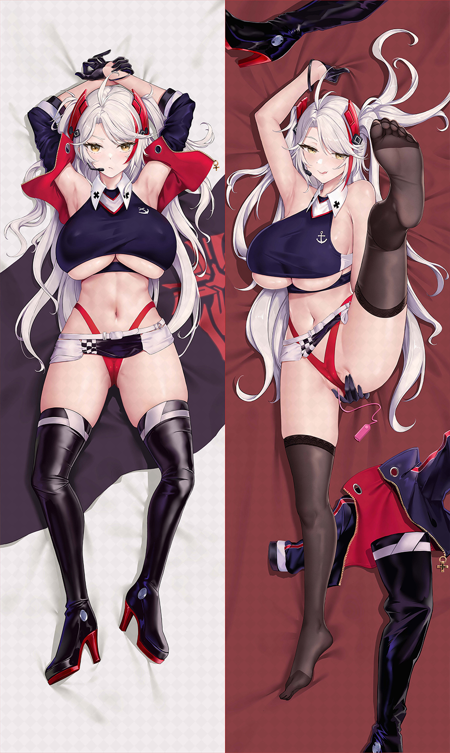 1girls :q armpits azur_lane bangs black_footwear black_gloves black_legwear blue_jacket boots boots_removed breasts brown_legwear commentary_request crop_top cropped_jacket dakimakura_(medium) feet female gloves headgear high_heel_boots high_heels highleg highleg_panties highres huge_breasts jacket jacket_removed leg_up light-skinned_female light_skin long_hair looking_at_viewer lying microphone microskirt midriff multicolored_hair multiple_views navel no_shoes object_insertion official_alternate_costume on_back open_clothes open_jacket panana panties prinz_eugen_(azur_lane) prinz_eugen_(final_lap)_(azur_lane) race_queen red_hair red_panties sex_toy sheet_grab silver_hair skirt soles spread_pussy_under_clothes streaked_hair thigh_boots thighhighs toes tongue tongue_out two_side_up underboob underwear vaginal_object_insertion vaginal_penetration very_long_hair vibrator yellow_eyes zettai_ryouiki zipper