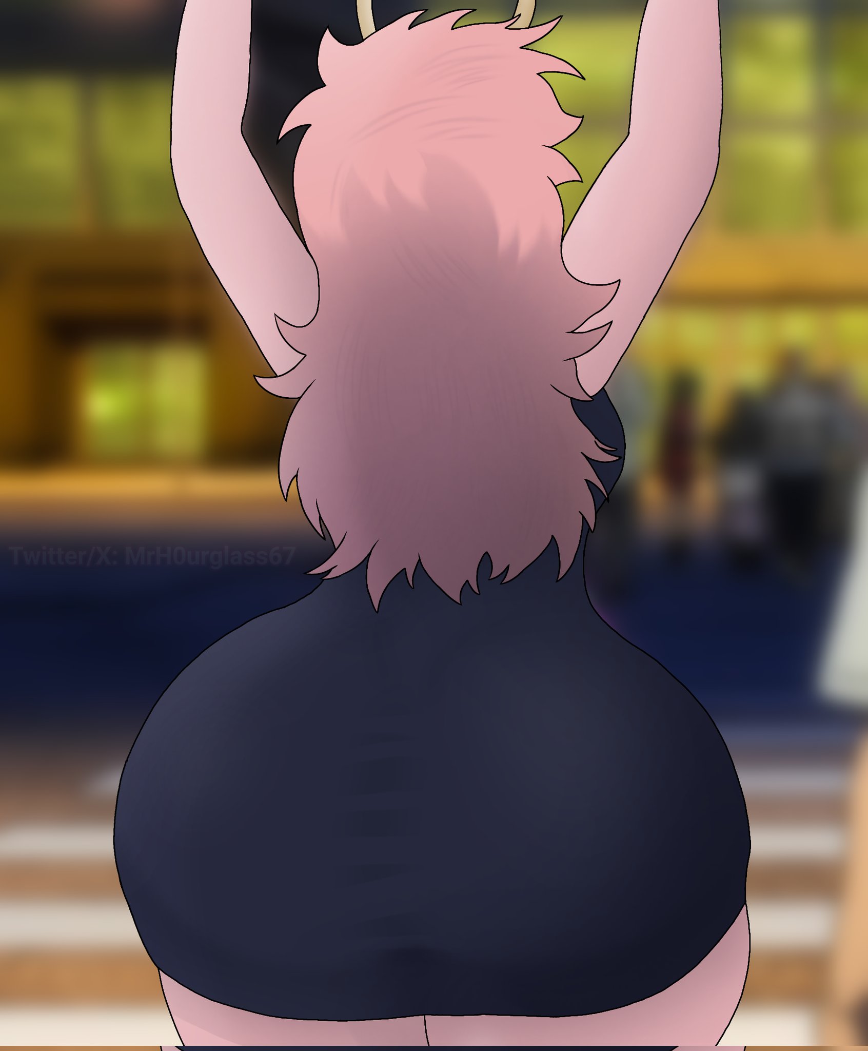 1girls, arms up, ashido mina, ashido mina time-skip, ass, ass bigger than head, ass bigger than torso, ass focus, ass in dress, big ass, boku no hero academia, boku no hero academia (finale), bubble butt, dress, fat ass, female, female only, gluteal fold, h0urglass (artist), handbag, horns, huge ass, large ass, long hair, massive ass, milf, mina ashido, mina ashido time-skip, my hero academia, my hero academia (finale), pink hair, pink skin, png, post-timeskip, rear view, reference image, solo, thick ass, thick thighs, thunder thighs, wide hips