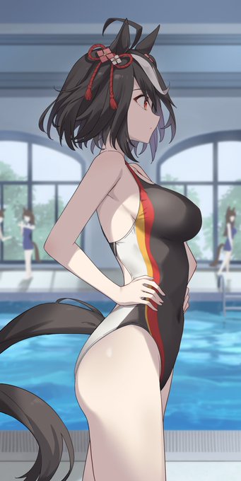 2d, animal tail, arms on hips, big breasts, breasts, child bearing hips, curvaceous, curvaceous body, curvaceous female, curvaceous figure, curvaceous hips, curvaceous thighs, female, female only, horse ears, horse girl, kitasan black (umamusume), profnote, side view, swimming pool, swimsuit, umamusume, umamusume pretty derby, waifu