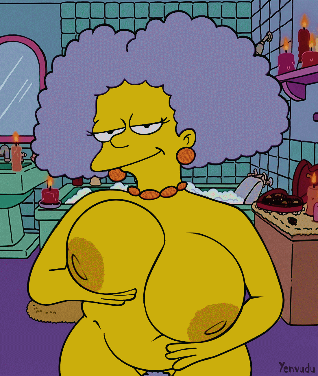 1girls, 20th century fox, 20th century studios, animated, bathroom, bathtub, big breasts, bouncing breasts, breasts, candle, candles, chocolate, completely nude, completely nude female, earrings, female, female focus, female only, gif, grabbing, grabbing own breast, grey hair, mature, mature female, milf, necklace, pubic hair, selma bouvier, the simpsons, thick thighs, voluptuous, voluptuous female, wide hips, yellow nipples, yellow-skinned female, yenvudu