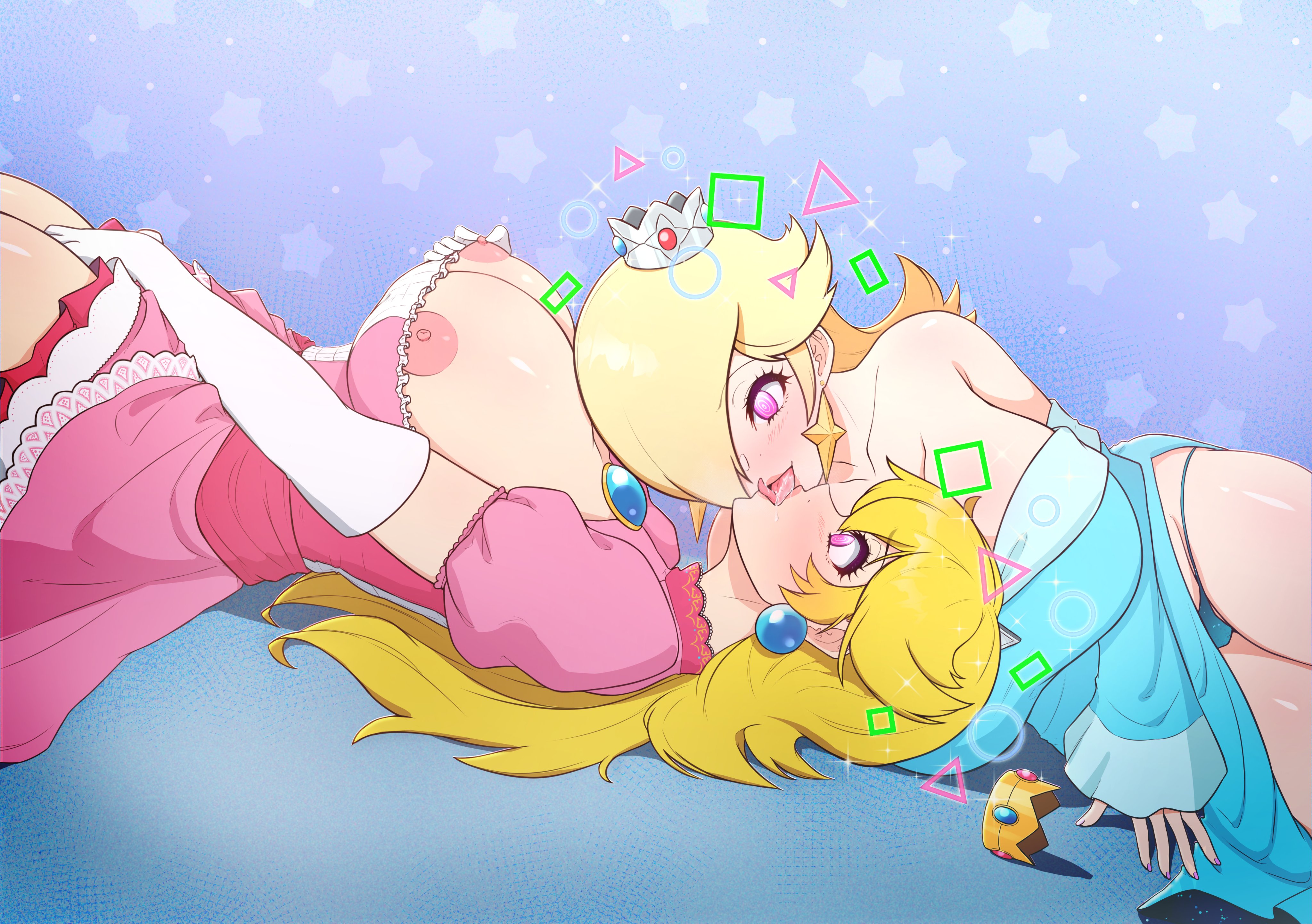 2026, 2girls, absurd res, areolae, big breasts, blonde hair, breasts, commission, crown, earrings, eshiede, female, female only, female/female, hair over one eye, hypnotized, kissing, light blush, long hair, mario (series), mind control, nintendo, nipple pinch, nipples, nipples outside, pinching own nipple, pink eyes, princess, princess peach, princess rosalina, super mario bros., super mario galaxy, tongue kiss, yuri
