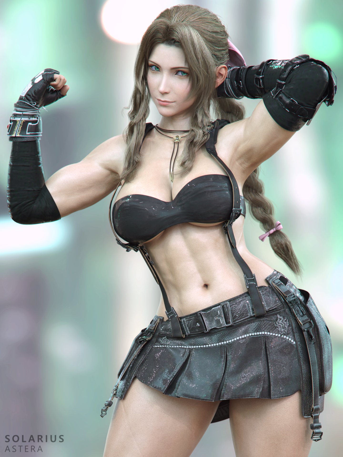 1girls, 3d, aerith gainsborough, female, final fantasy, final fantasy vii, muscular, muscular female, skirt, solarius astera, solo, tagme, tifa lockhart (cosplay)