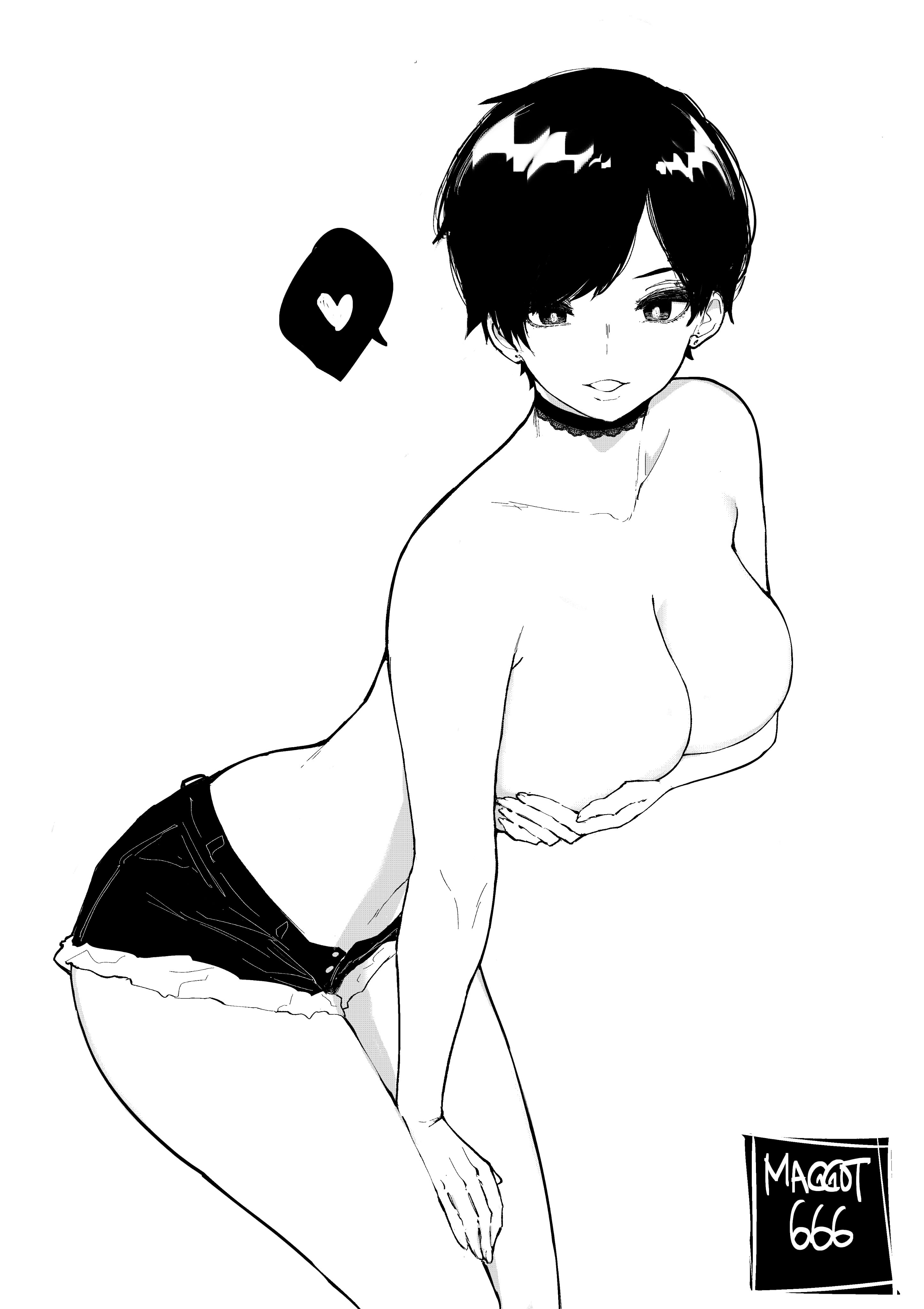 absurdres, alternate costume, artist name, bangs, bare legs, bare shoulders, between legs, blush, breasts, bright pupils, choker, cleavage, collarbone, covering, covering breasts, cowboy shot, cutoffs, denim, denim shorts, female, from side, greyscale, grin, hand between legs, hand on own thigh, heart, highres, large breasts, leaning forward, looking at viewer, monochrome, navel, norman maggot, olive laurentia, original, parted lips, pixie cut, short hair, short shorts, shorts, simple background, smile, solo, spoken heart, swept bangs, topless, tsurime, very short hair