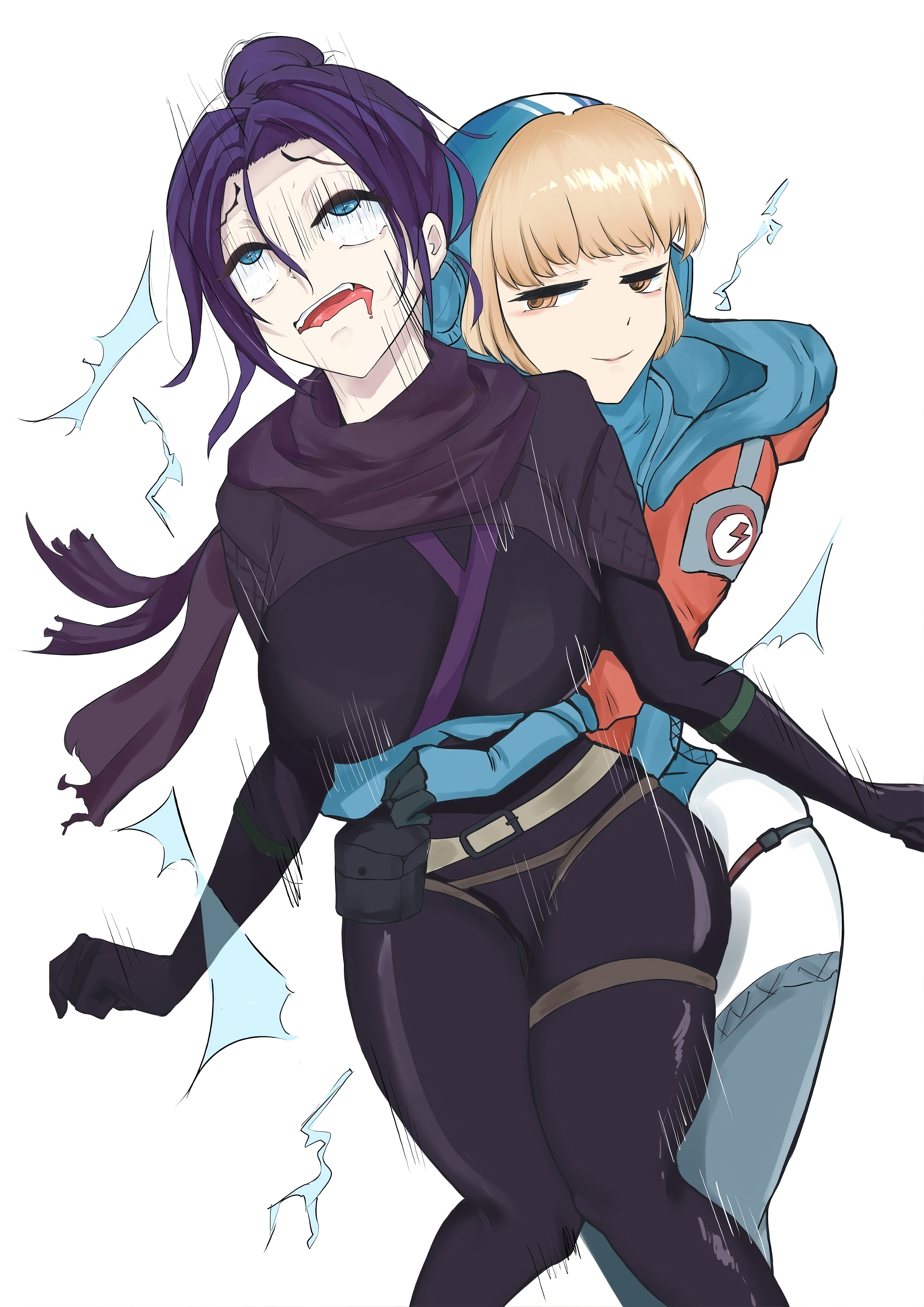 2d, 2girls, apex legends, ass, ass grab, ass squeeze, belt, big ass, big breasts, big butt, big hips, big thighs, blush, blush lines, breast squeeze, breast squish, breasts, bursting breasts, erection, erection under clothes, female, horny, jumpsuit, looking at another, multiple females, multiple girls, simple background, stretched clothing, thick, thick ass, thick legs, thick thighs, tight clothes, tight clothing, tights, wattson (apex legends), wraith (apex legends)