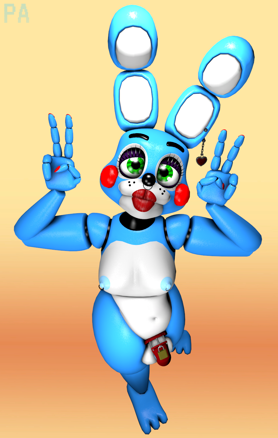 3d_(artwork) animatronic anthro black_nose blue_body blue_fur chastity_cage chastity_device digital_media_(artwork) ear_piercing eyelashes eyeshadow facial_piercing five_nights_at_freddy's five_nights_at_freddy's_2 fur gesture girly gradient_background green_eyes hi_res kissy_face lagomorph leporid lipstick machine makeup male male_only mammal nipple_piercing nipple_ring nipples nose_piercing nose_ring phoenix_adverdale piercing pose purple_eyeshadow rabbit red_cheeks red_lipstick red_nail_polish robot scottgames simple_background solo source_filmmaker toy_bonnie_(fnaf) v_sign video_games yellow_background