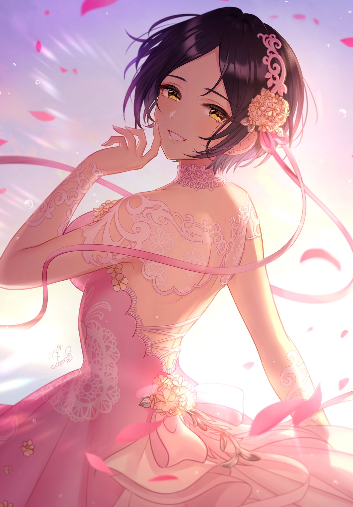 arm_behind_back bangs black_hair blush breasts choker dress earrings female flower from_behind hair_flower hair_ornament hand_up hayami_kanade high_resolution idolmaster idolmaster_cinderella_girls ilo jewelry lace looking_at_viewer looking_back medium_breasts multiple_earrings outdoors parted_bangs parted_lips petals pink_dress short_hair sidelocks smile solo strapless strapless_dress stud_earrings wind yellow_eyes