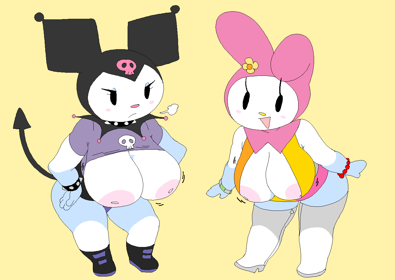 2girls, areola, areolae, boobs, breasts, dream-cassette, female, hand on hip, hoshime, huge breasts, kuromi, mob face, motion lines, my melody, nipple slip, nipples, onegai my melody, sanrio, shortstack, thick thighs, tits, wide hips