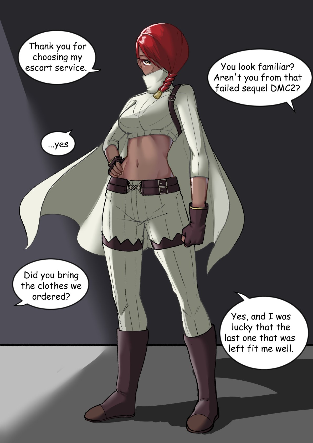 1girls, 2020s, 2022, 2d, banvart5, capcom, dark skin, devil may cry, devil may cry (series), devil may cry 2, dialogue, english text, female, female only, fully clothed, hair over one eye, lucia (devil may cry), prostitution, red hair, solo, solo female, solo focus, speech bubble, text