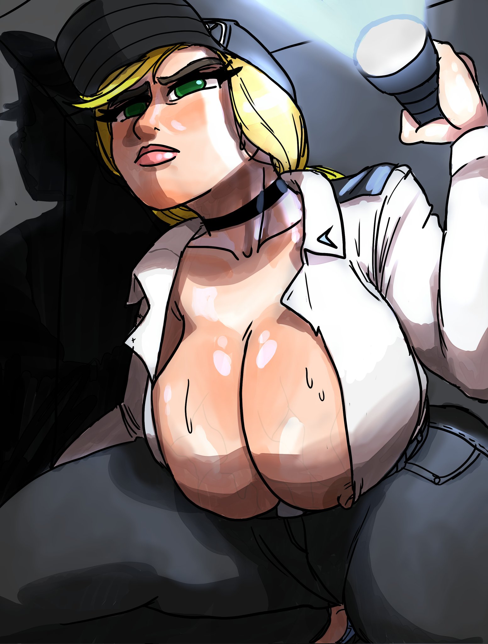 1girls, blonde hair, breasts, choker, cleavage, female, female only, five nights at freddy's, five nights at freddy's: security breach, flashlight, green eyes, hi res, huge breasts, large breasts, nip slip, nipple slip, nipples, open clothes, open shirt, smmyart, solo, squatting, vanessa (fnaf), veiny breasts