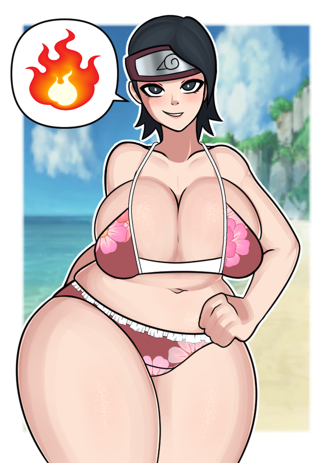 1girls, ass, bbw, beach, big ass, big breasts, big butt, bikini, black eyes, black hair, boruto: naruto next generations, breasts, female, looking at viewer, naruto, naruto (series), pov, sarada uchiha, simple background, solo female, steca, thelazyart, thick, thick ass, thick thighs