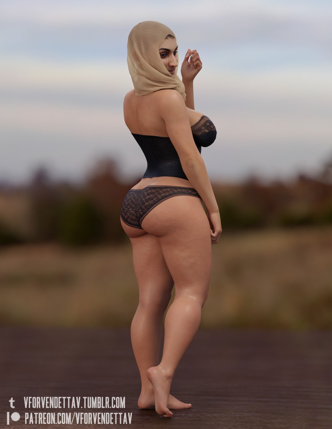 1girls 3d arab_female arabian big_ass bra fat_ass fatima_(vforvendettav) female female_focus female_only headwear hijab hijabista jeans muslim no_shoes panties posing solo thick_thighs underwear vforvendettav white_shirt