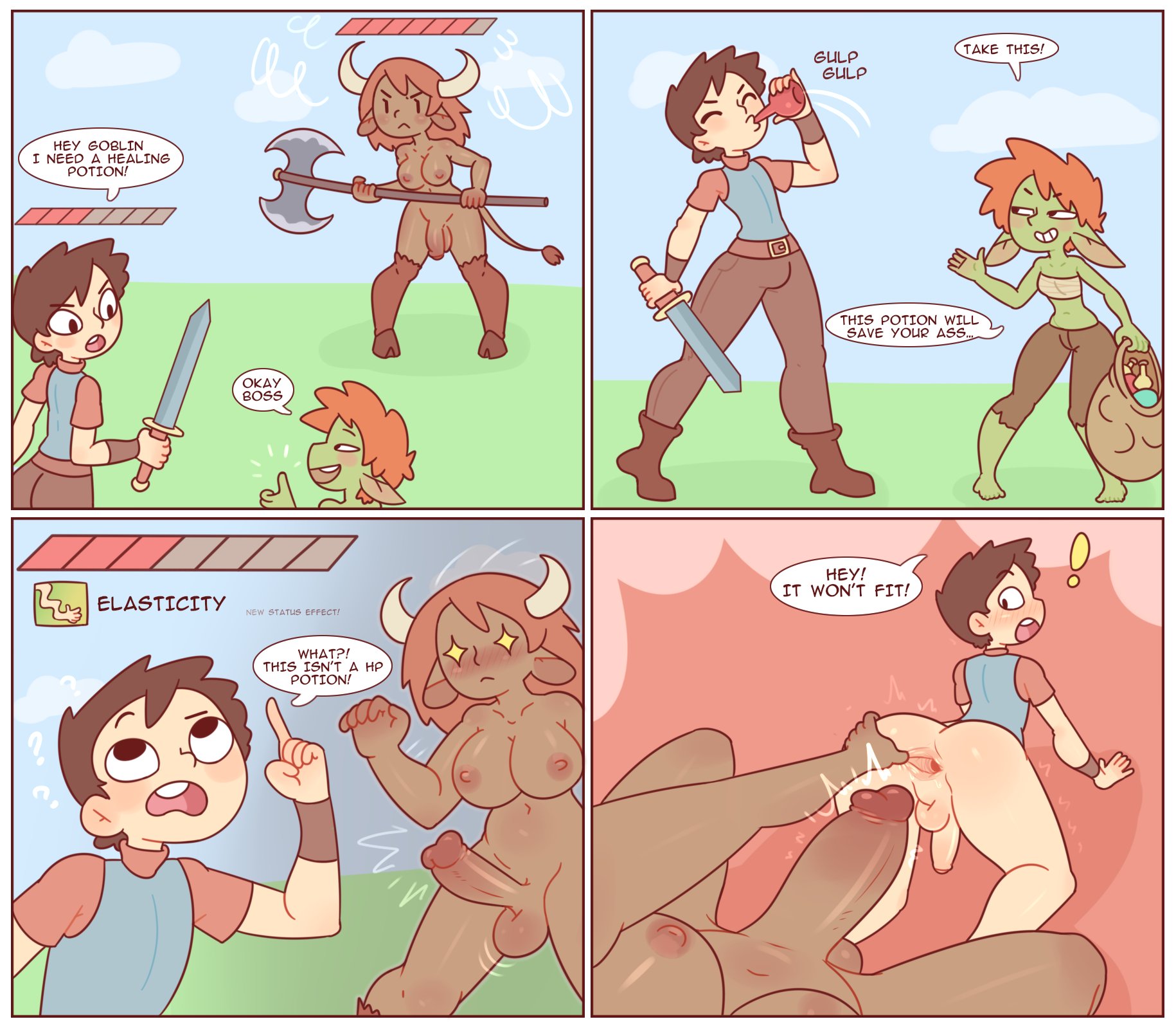 1boy, 1futa, 1girls, adventurer, anus, areolae, balls, big penis, bottomless, breasts, clothed, clothing, comic, dark skin, dark-skinned futa, dialogue, english text, erection, fantasy, female, fully clothed, futa is bigger, futa on male, futanari, gameplay mechanics, goblin, goblin female, human, humanoid, humanoid penis, imminent anal, imminent sex, intersex, interspecies, light skin, light-skinned femboy, light-skinned male, male, monster, monster girl, nipples, ogre, partially clothed, penis, penis size difference, potion, red7cat, spread anus, spreading, standing, text