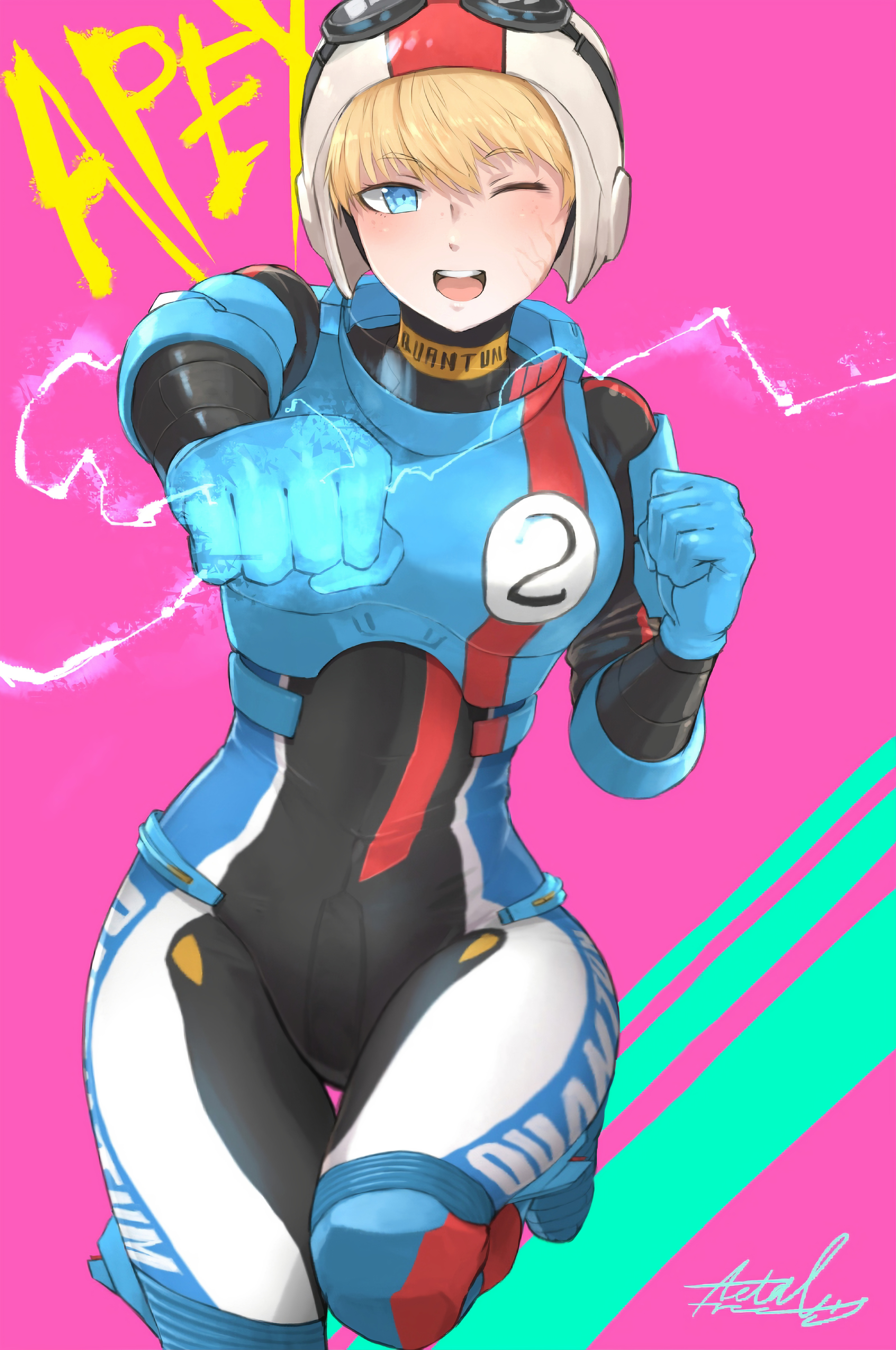 apex legends, ass, belt, big ass, big breasts, big hips, big thighs, bottom heavy, breasts, bubble ass, bubble butt, bursting butt, female, gigantic ass, gigantic butt, happy, jumpsuit, lichtenberg figure, looking at another, one eye closed, scar, simple background, skin tight, skin tight suit, stretched clothing, thick, thick ass, thick hips, thick legs, tight clothes, tight clothing, tight pants, tights, viewed from below, wattson (apex legends), wired for speed wattson
