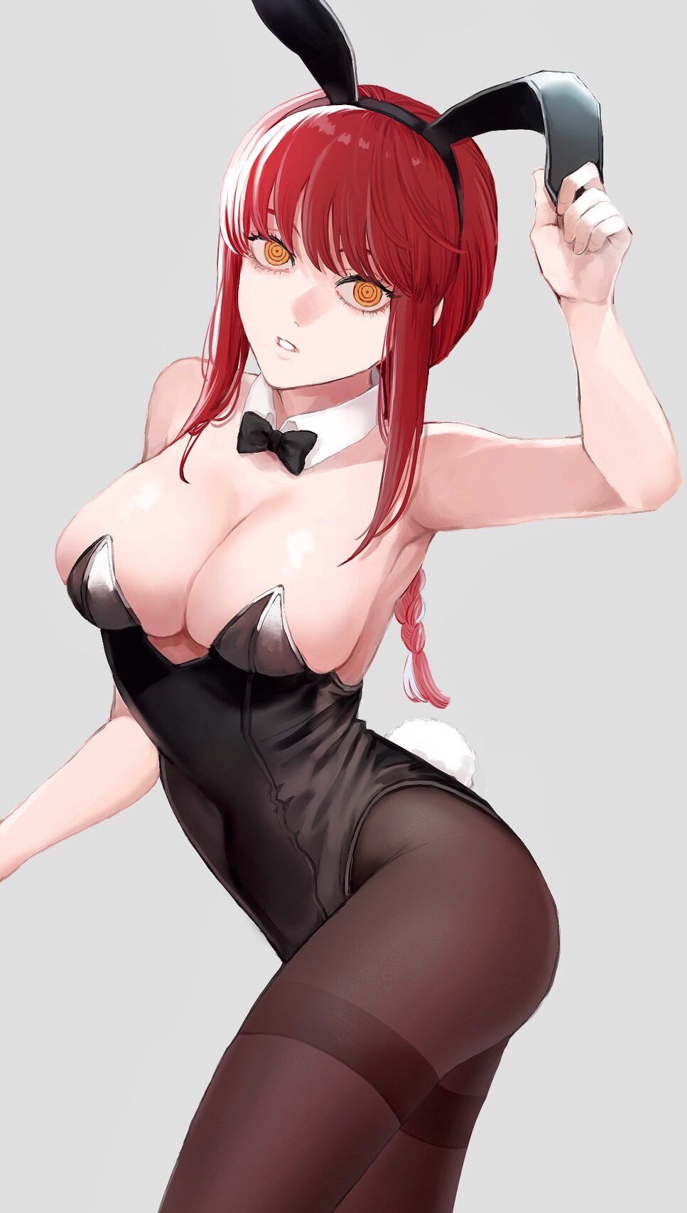 1girls, 2021, 4chi, animal ears, armpits, bangs, bare shoulders, black leotard, bow, bowtie, braid, braided ponytail, breasts, bunny ears, bunny tail, chainsaw man, cleavage, detached collar, fake animal ears, fake tail, female, female focus, female only, fishnet legwear, fishnets, highres, large breasts, leotard, long hair, makima (chainsaw man), pantyhose, playboy bunny, red hair, ringed eyes, simple background, solo, solo female, strapless, strapless leotard, tail, white background, wrist cuffs, yellow eyes