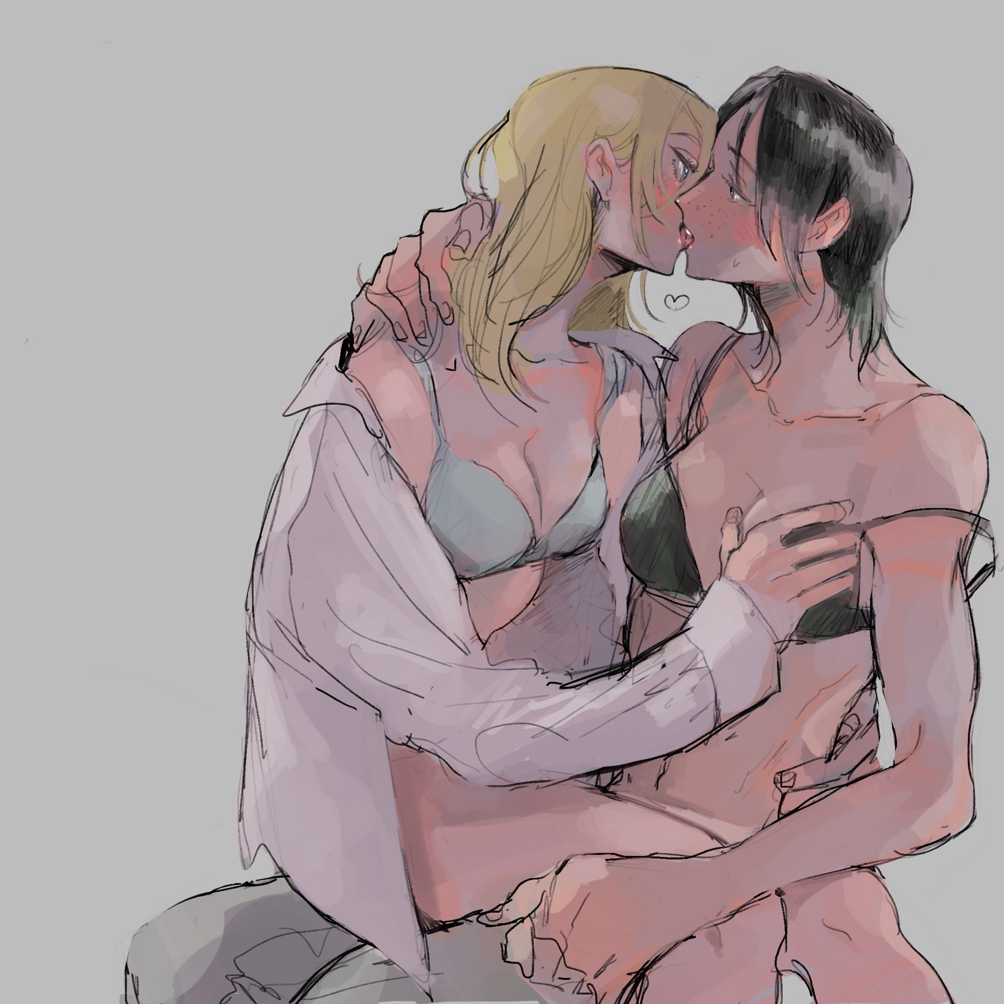 2girls, attack on titan, black hair, blonde hair, bra, breast grab, breasts, christa lenz, fall 02, female, french kiss, hand on another's chest, hand on another's neck, hand on another's thigh, heart, historia reiss, intimate, kissing, romantic, romantic couple, shingeki no kyojin, underwear, ymir (shingeki no kyojin), yuri