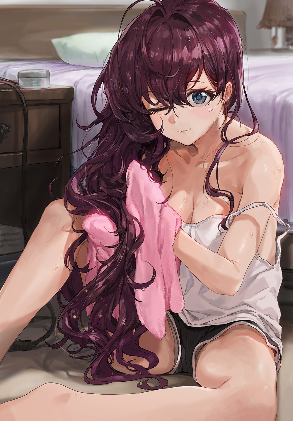 :3 ;3 ahoge bare_legs bare_shoulders barefoot bed bedroom blue_eyes blush breasts brown_hair clavicle cleavage dare-san desk drying drying_hair eyelashes feet female grey_panties high_resolution ichinose_shiki idolmaster idolmaster_cinderella_girls indoors lamp legs long_hair looking_at_viewer mossi one_eye_closed pantsu panty_peek pillow room shorts sitting smile solo strap_slip tank_top towel underwear upshorts very_long_hair wet wink