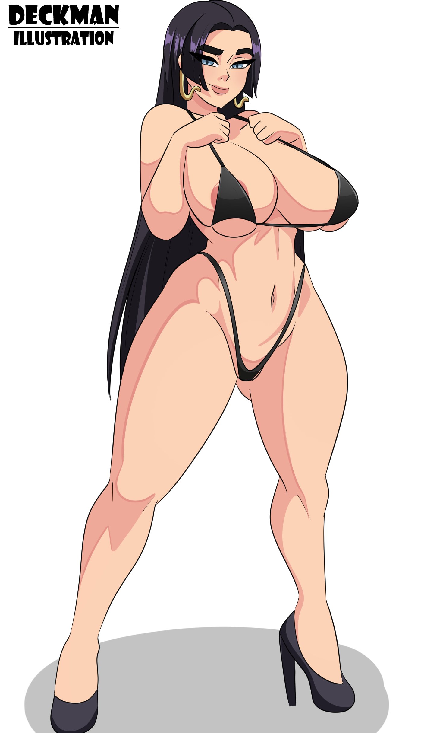 1girls, areola slip, areolae, bikini, black hair, blue eyes, boa hancock, breasts, cleavage, deckman, earrings, female, female only, heels, high heels, large breasts, long hair, looking at viewer, mrdeck, navel, one piece, skimpy, skimpy bikini, smile, solo, thick eyebrows, white background