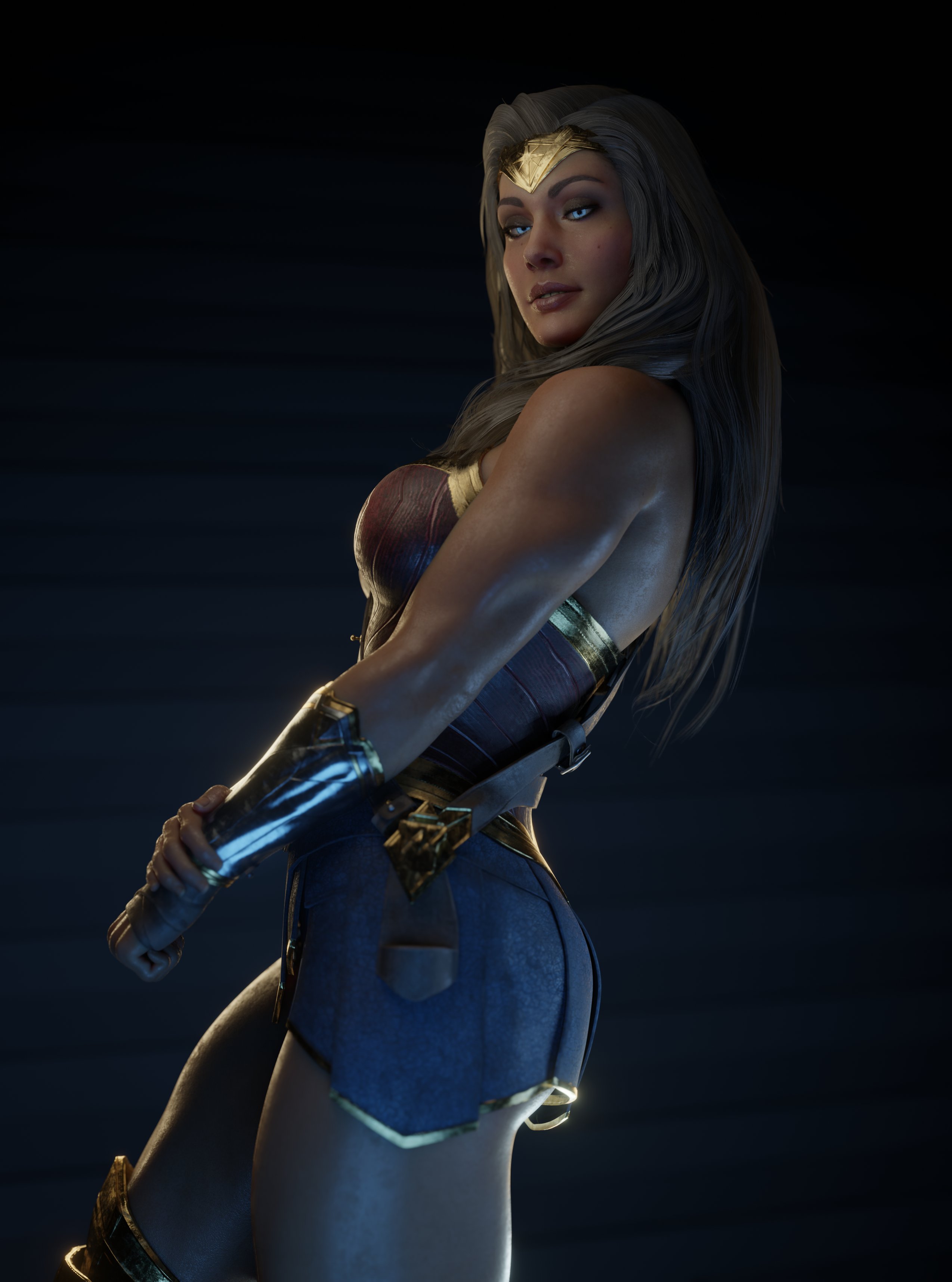 1girls, 3d, blue eyes, dc, dc comics, diana prince, female, female only, fully clothed, injustice 2, loligagger, muscular, muscular female, olive skin, solo, wonder woman, wonder woman (injustice), wonder woman (series)
