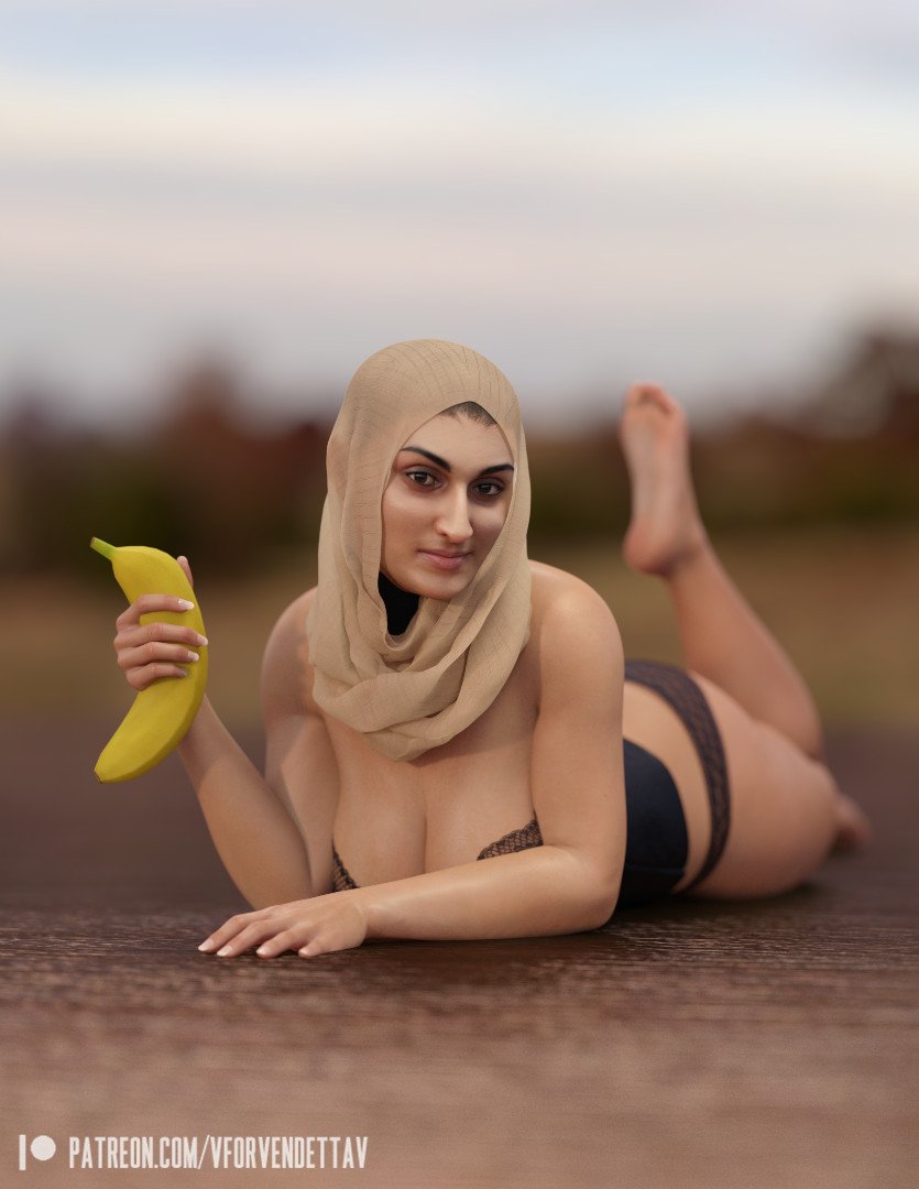 1girls 3d arab_female arabian banana big_ass bra fat_ass fatima_(vforvendettav) female female_focus female_only headwear hijab hijabista improvised_sex_toy jeans muslim no_shoes panties posing solo thick_thighs underwear vforvendettav