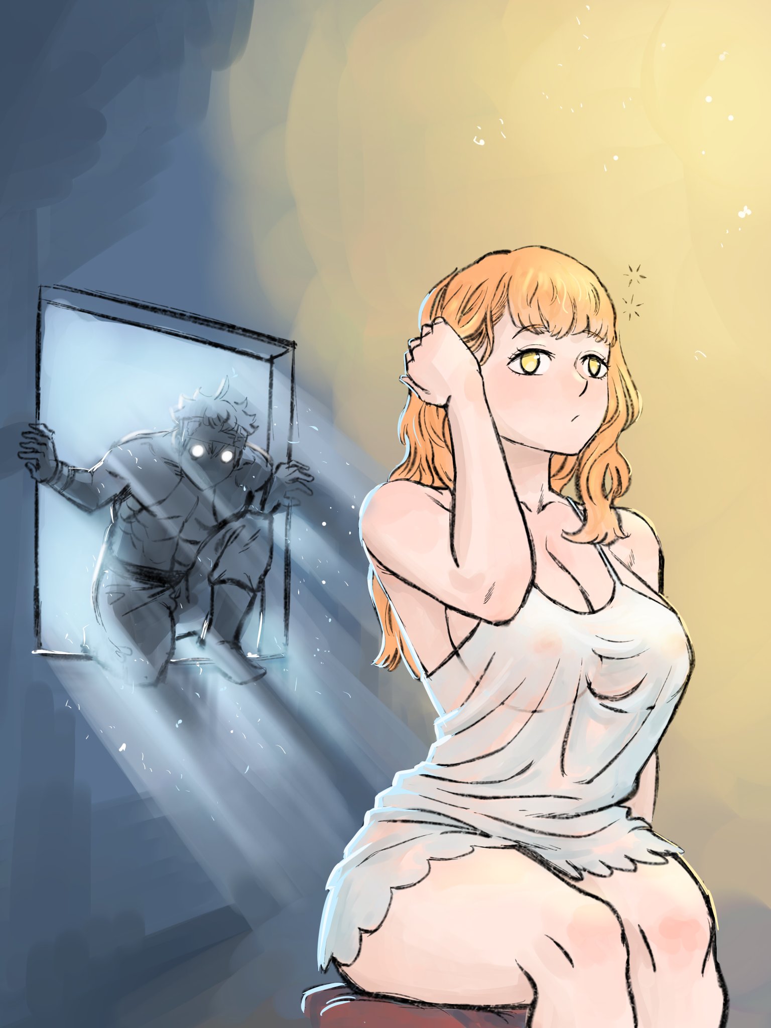 1girls, ass, asta (black clover), big ass, big breasts, big butt, black clover, breasts, clothed, clothed female, drowsy, female, green eyes, light skin, light-skinned female, mimosa vermillion, nipples, nude, nude female, oblivious, skwd, thick ass, thick thighs