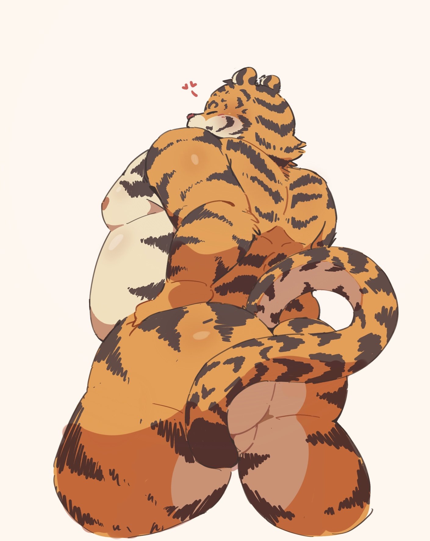 2022 anthro backsack balls barely_visible_balls barely_visible_genitalia belly blush closed_eyes felid genitals haoming hi_res kemono male mammal moobs nipples overweight overweight_male pantherine simple_background solo tiger white_background