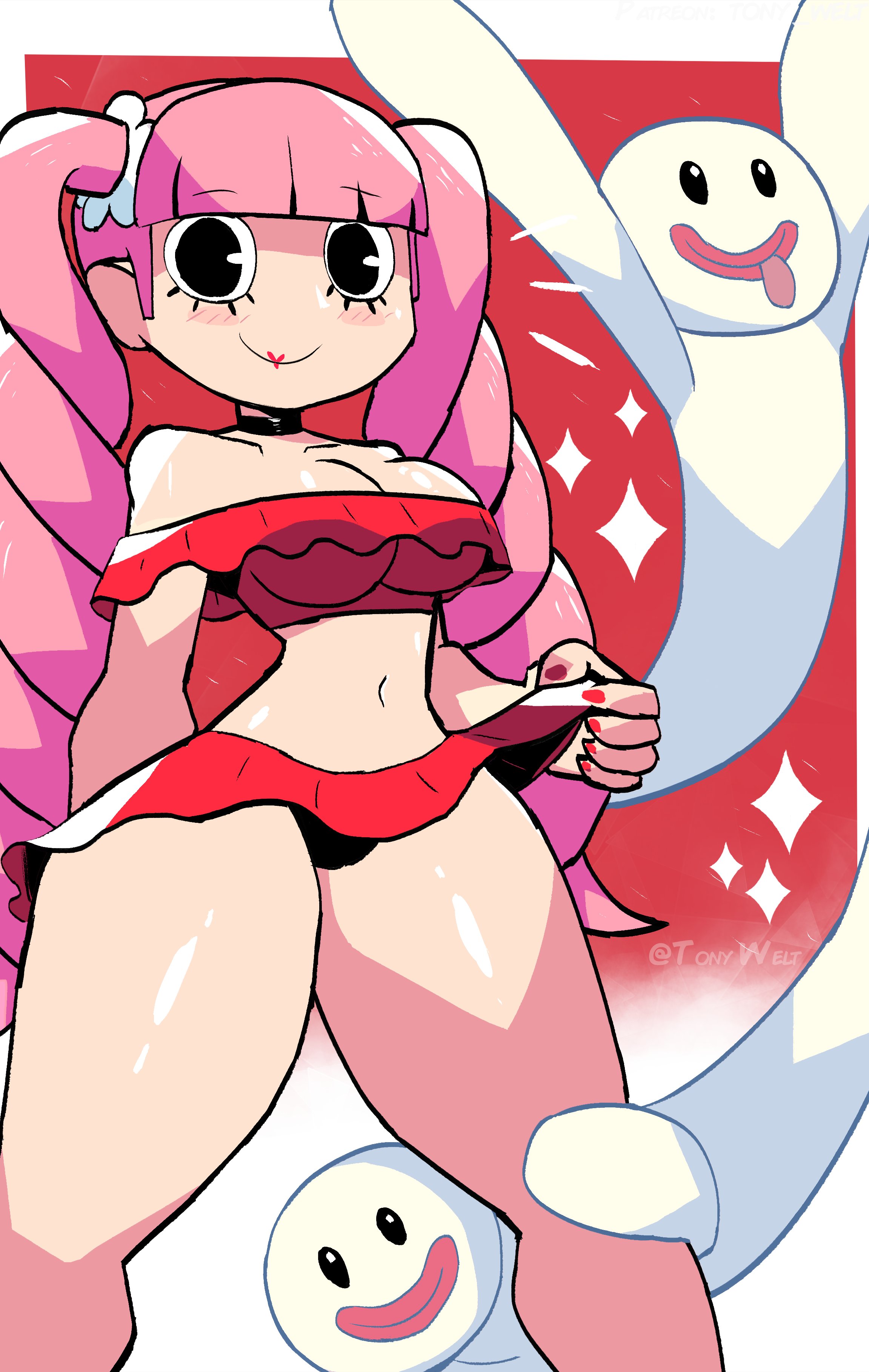 1girls, black eyes, blush, breasts, choker, cleavage, female, female only, frilled bikini, lipstick, looking at viewer, navel, one piece, painted nails, perona, pink hair, pink-haired female, red swimsuit, standing, swimsuit, tagme, thick thighs, thighs, tony welt, twintails