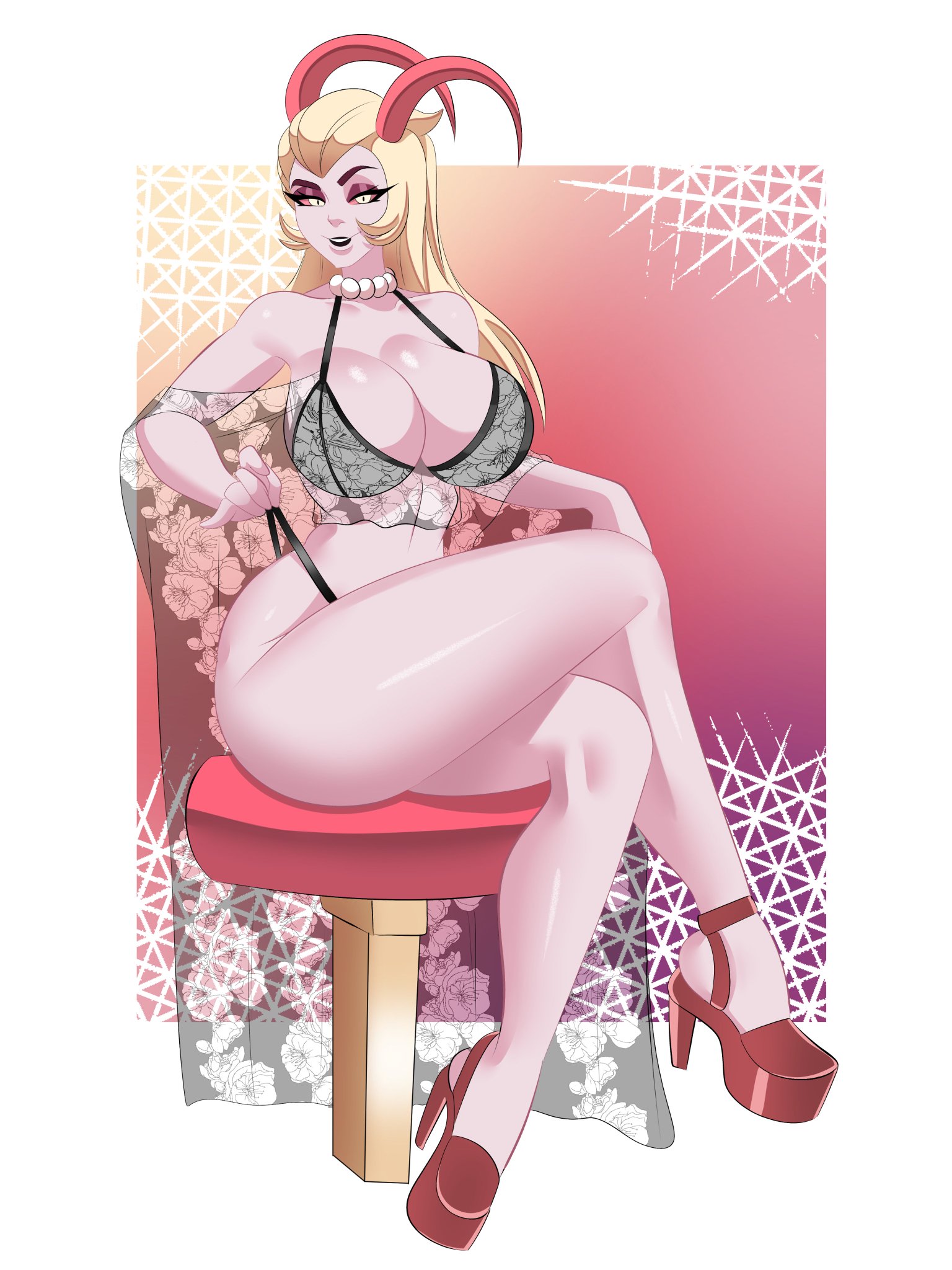 1girls, blonde hair, bra, breasts, cleavage, crossed legs, deckman, demon, demon girl, demon horns, eyeshadow, female, female only, hazbin hotel, heels, horns, large breasts, lilith morningstar (hazbin hotel), lingerie, lipstick, long hair, looking at viewer, milf, mother, mrdeck, necklace, pale skin, panties, panty pull, pearl necklace, red sclera, see-through clothing, sitting, smile, smooth skin, solo, succubus, thick thighs, underwear, yellow eyes