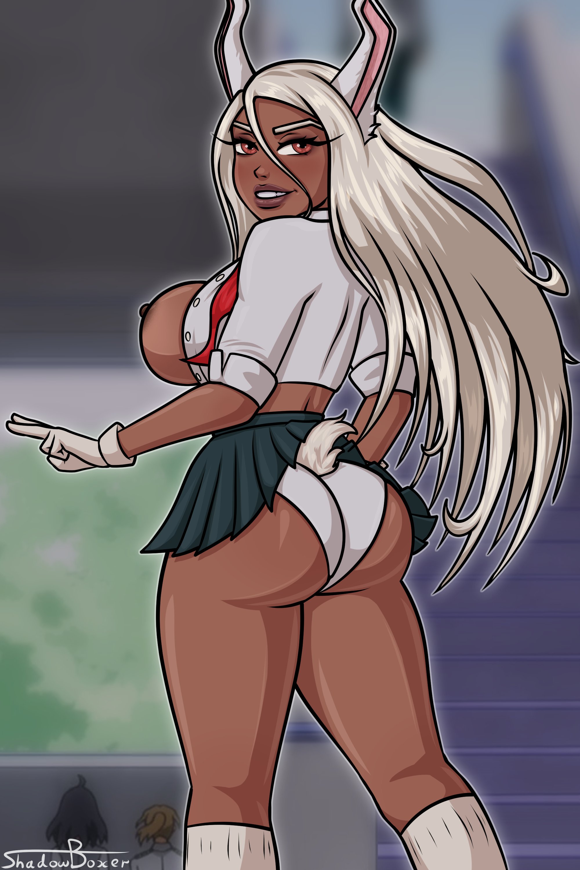 1girls, areolae, ass, big ass, big breasts, breasts, dark skin, dark-skinned female, female, female only, large breasts, looking at viewer, looking back, miruko, my hero academia, nipples, rabbit humanoid, rumi usagiyama, school uniform, schoolgirl, shadowboxer, solo, thick thighs, wide hips