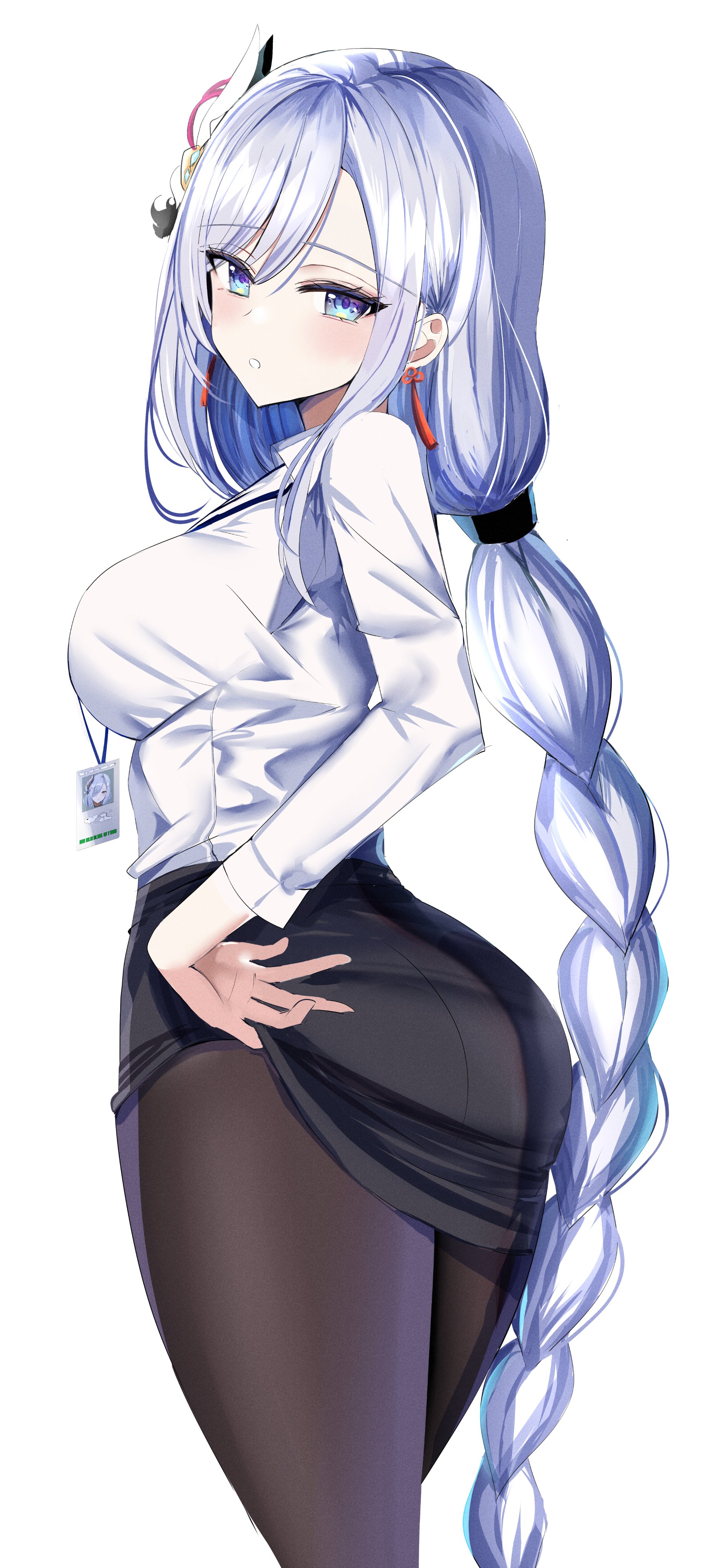 1girls, absurd res, adamant369, arched back, ass, bangs, big ass, big breasts, big butt, black leggings, black legwear, black skirt, blue eyes, blush, braid, braided hair, breasts, earrings, female, genshin impact, hair ornament, hair over one eye, hairband, hanasaka houcha, hi res, highres, hips, huge ass, huge breasts, huge butt, lanyard, large ass, large breasts, leggings, long hair, looking at viewer, looking back, name tag, office lady, pantyhose, plain background, shenhe (genshin impact), shirt, simple background, skirt, skirt lift, skirt pull, skirt up, slim waist, small waist, solo, thick, thick ass, thick thighs, thighs, tight clothing, waist, white background, white hair, white shirt, wide hips