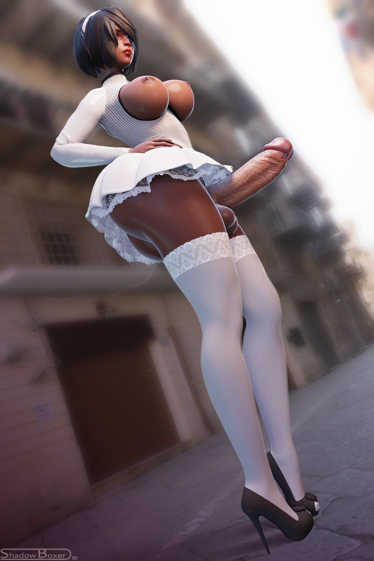 1futa, 3d, alternate costume, areolae, balls, big breasts, big penis, blender, breasts, dark skin, dark-skinned futa, erection, futa only, futanari, high heels, intersex, large breasts, nier, nier: automata, nipples, penis, shadowboxer, solo, testicles, yorha 2b, yorha 2p