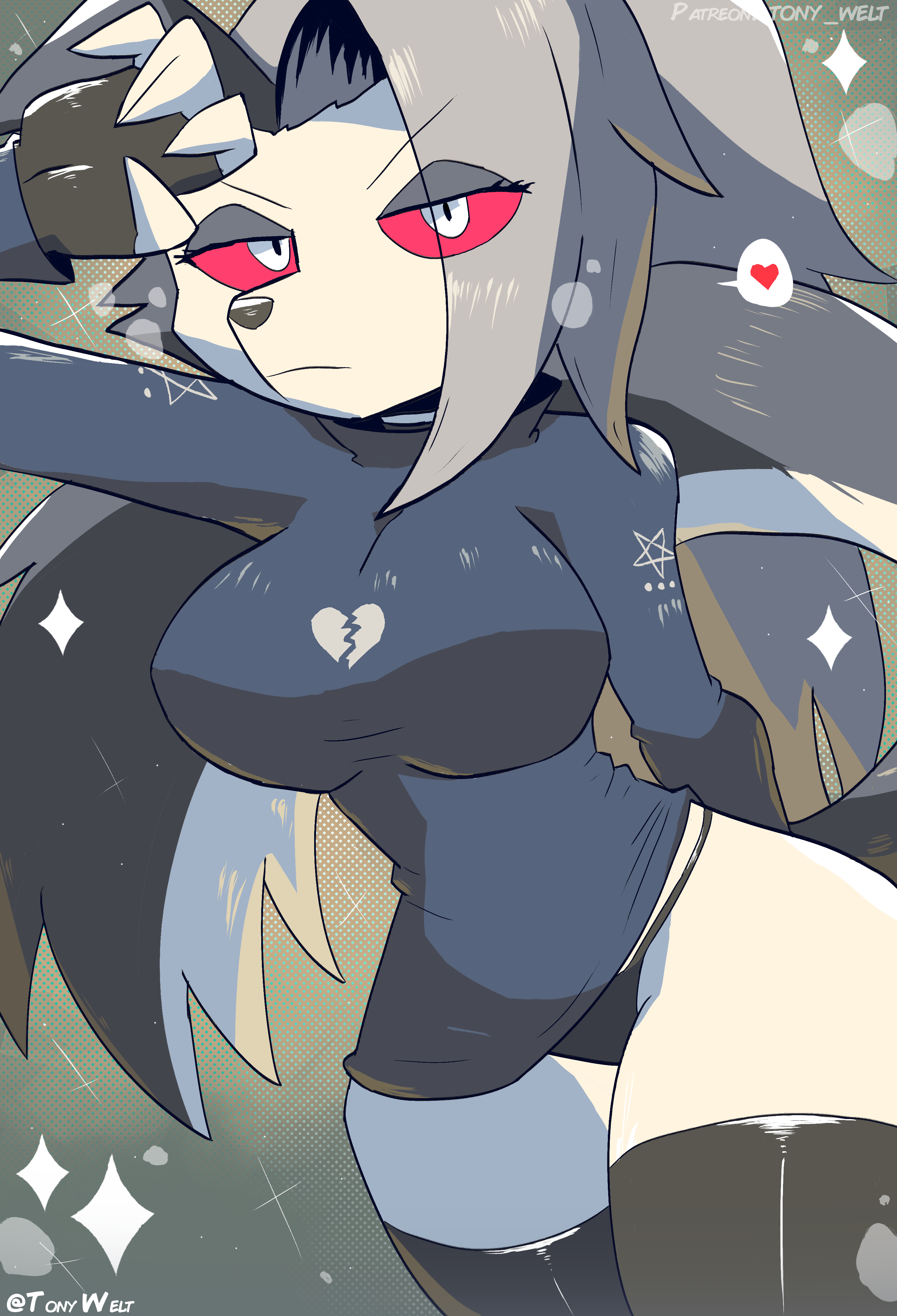 1girls, black panties, black thong, breasts, curvy, emotionless, female, furry, grey hair, helluva boss, hourglass figure, long hair, looking at viewer, loona (helluva boss), narrow shoulders, no pants, panties, red sclera, standing, string panties, sweater, tagme, thick thighs, thighhighs, thin arms, thin waist, thong, tony welt, white eyes, white fur, wide hips