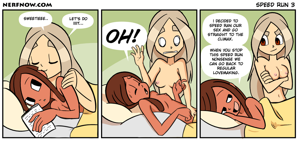 bed breasts casual comic comic_strip dark_skin edit human jane_(nerfnow) morgan_(nerfnow) nerf_now orgasm orgasm_face pale_skin shrimpypuff theeshrimp yuri