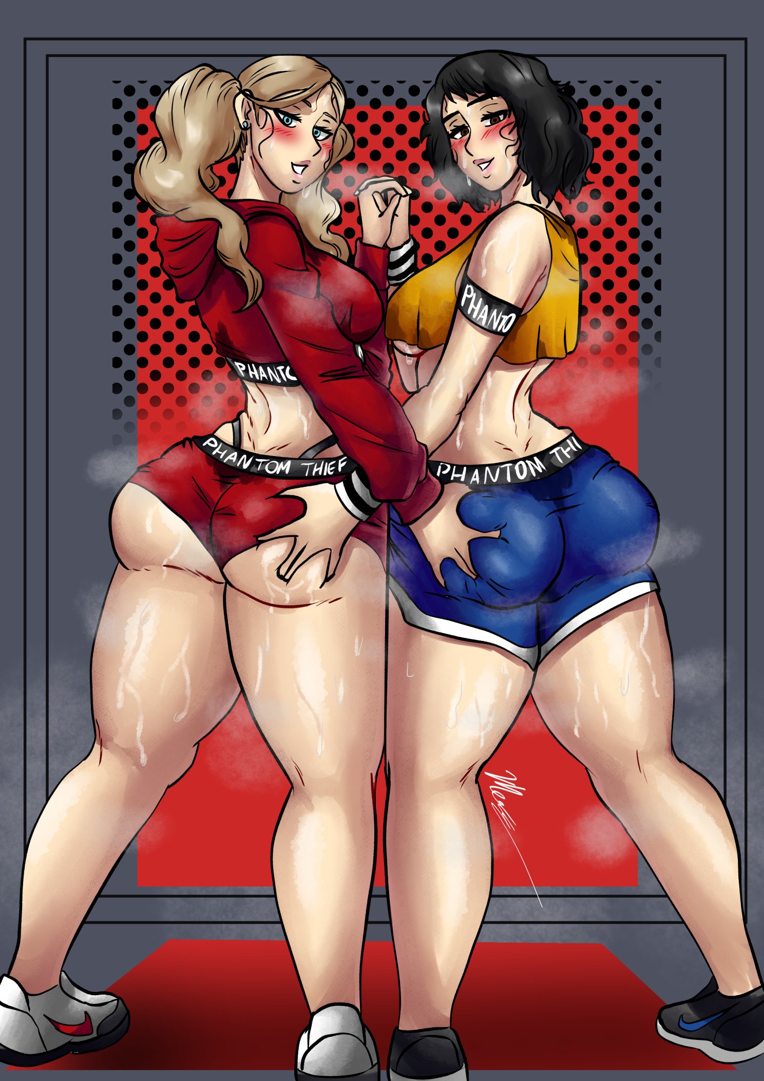2girls, age difference, ann takamaki, ass, ass grab, atlus, big ass, big breasts, black hair, blonde hair, blue eyes, blush, breasts, brown eyes, eye contact, female, female only, hand holding, holding hands, huge ass, itsyamatemerc, large ass, looking at viewer, looking back, megami tensei, multiple females, multiple girls, mutual ass grab, older female, persona, persona 5, sadayo kawakami, shorts, standing, sweat, thick thighs, twintails, younger female, yuri