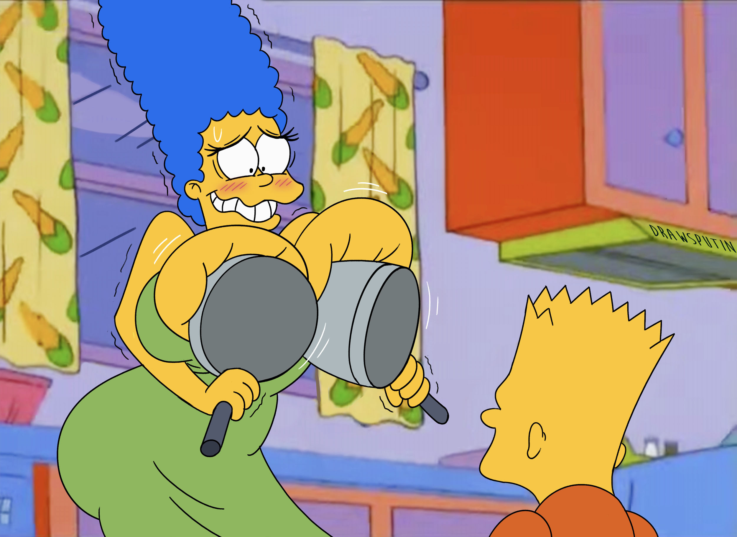 20th century fox, 20th century studios, alternate breast size, bart simpson, breasts, cleavage, convenient censoring, drawsputin, female, huge breasts, implied incest, large breasts, marge simpson, mother and son, nervous, the simpsons