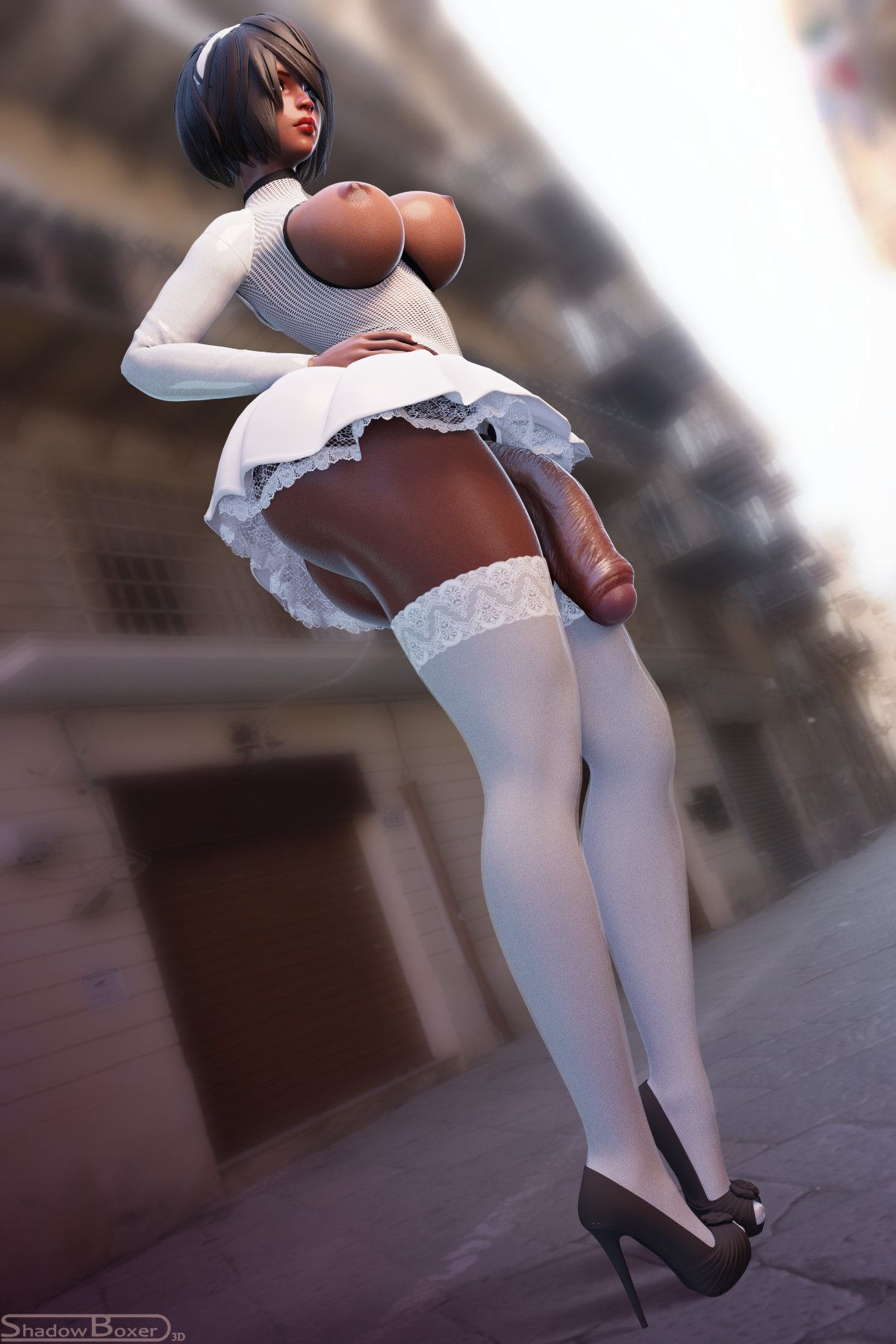 1futa, 3d, alternate costume, areolae, big breasts, big penis, blender, breasts, dark skin, dark-skinned futa, erection, futa only, futanari, high heels, intersex, large breasts, nier, nier: automata, nipples, penis, shadowboxer, solo, yorha 2b, yorha 2p