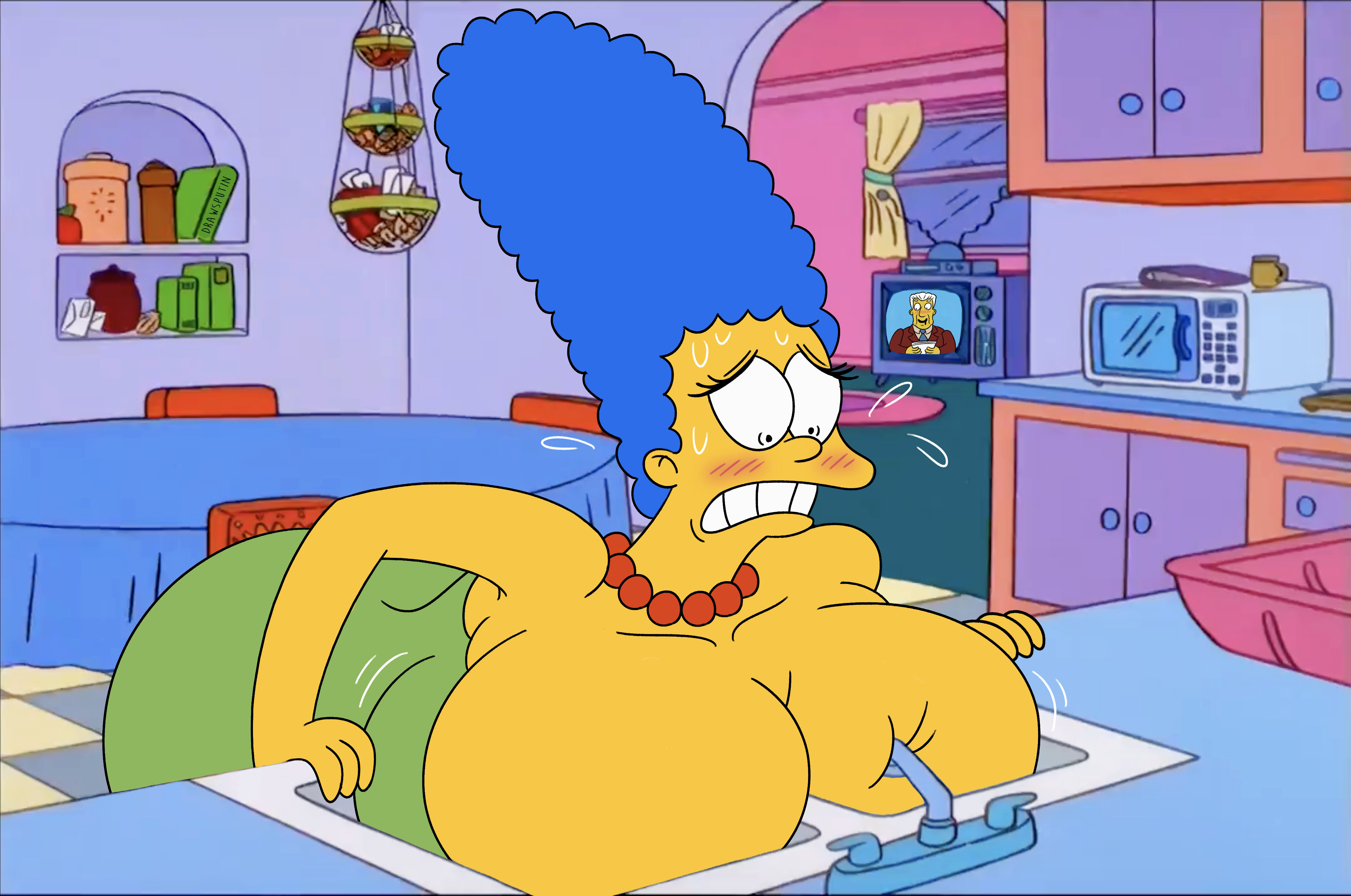 1girls, 20th century fox, 20th century studios, alternate breast size, breasts, canonical scene, drawsputin, exposed breasts, female, huge breasts, large breasts, marge simpson, nervous, skimpy, skimpy clothes, solo, the simpsons
