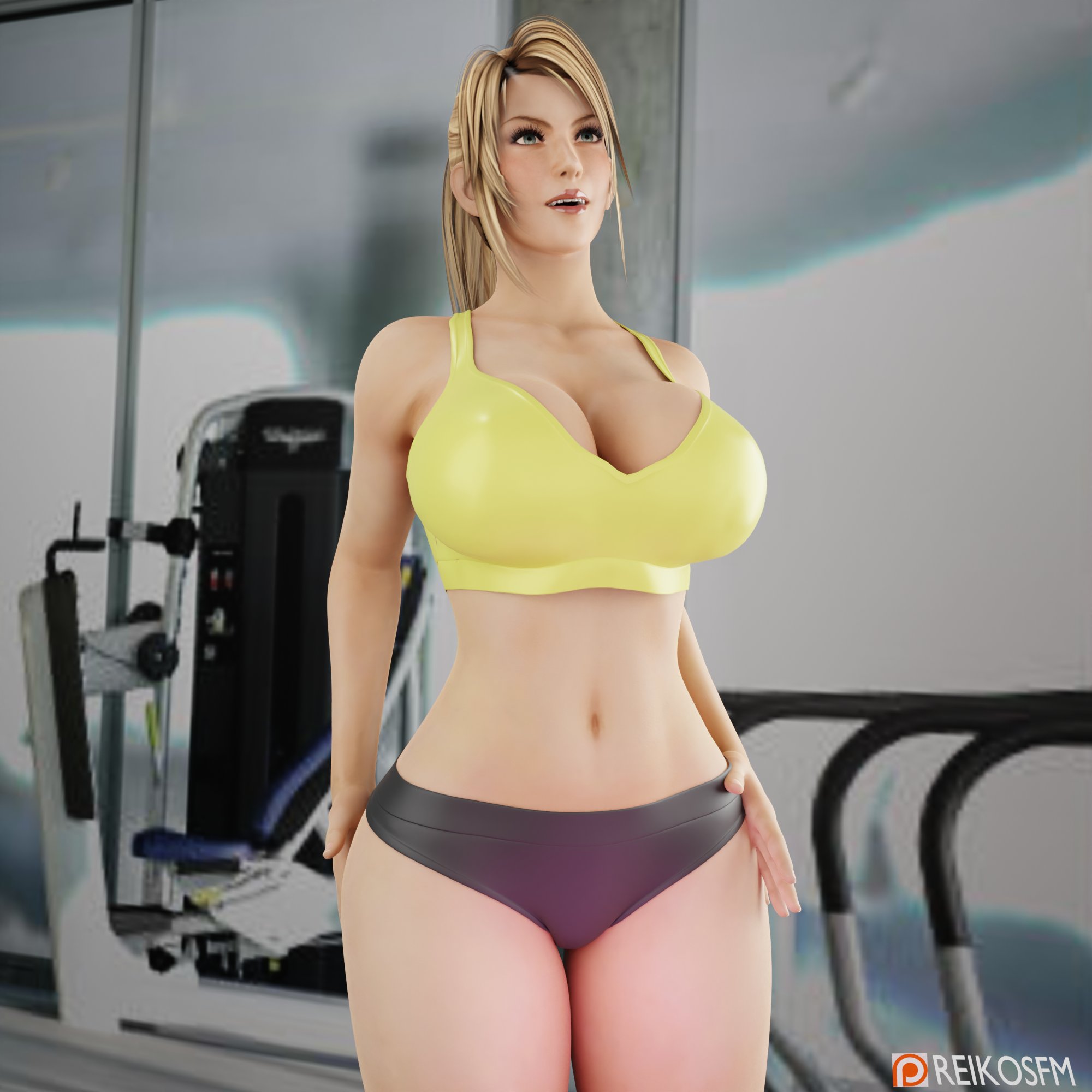 1girls, 3d, big breasts, bimbo, blonde hair, blue eyes, breasts, female, gym, gym uniform, hip grab, lipstick, metroid, nintendo, ponytail, reikosfm, samus aran, sarah bryant, sarah bryant (model), sports bra, wide hips