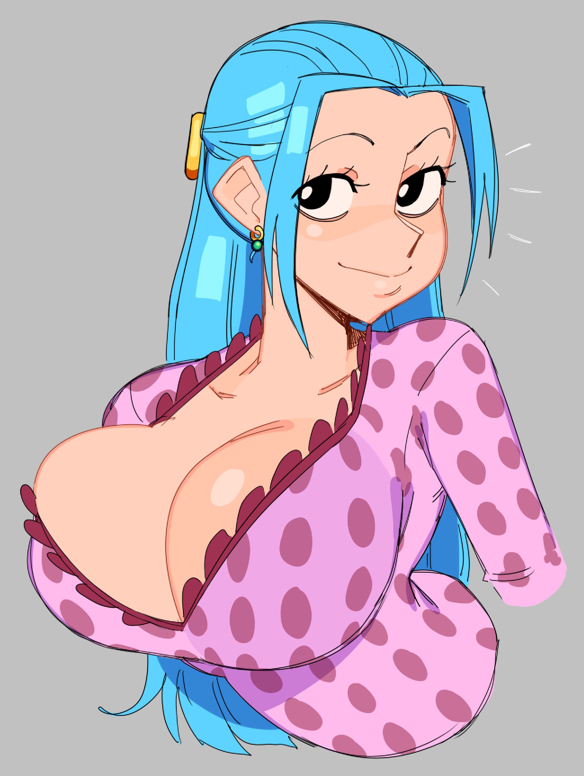 1girls, absurd res, black eyes, blue hair, blue-haired female, breasts, cleavage, earrings, female, female only, hi res, large breasts, looking at viewer, nefertari vivi, nezulet, one piece, smile, solo