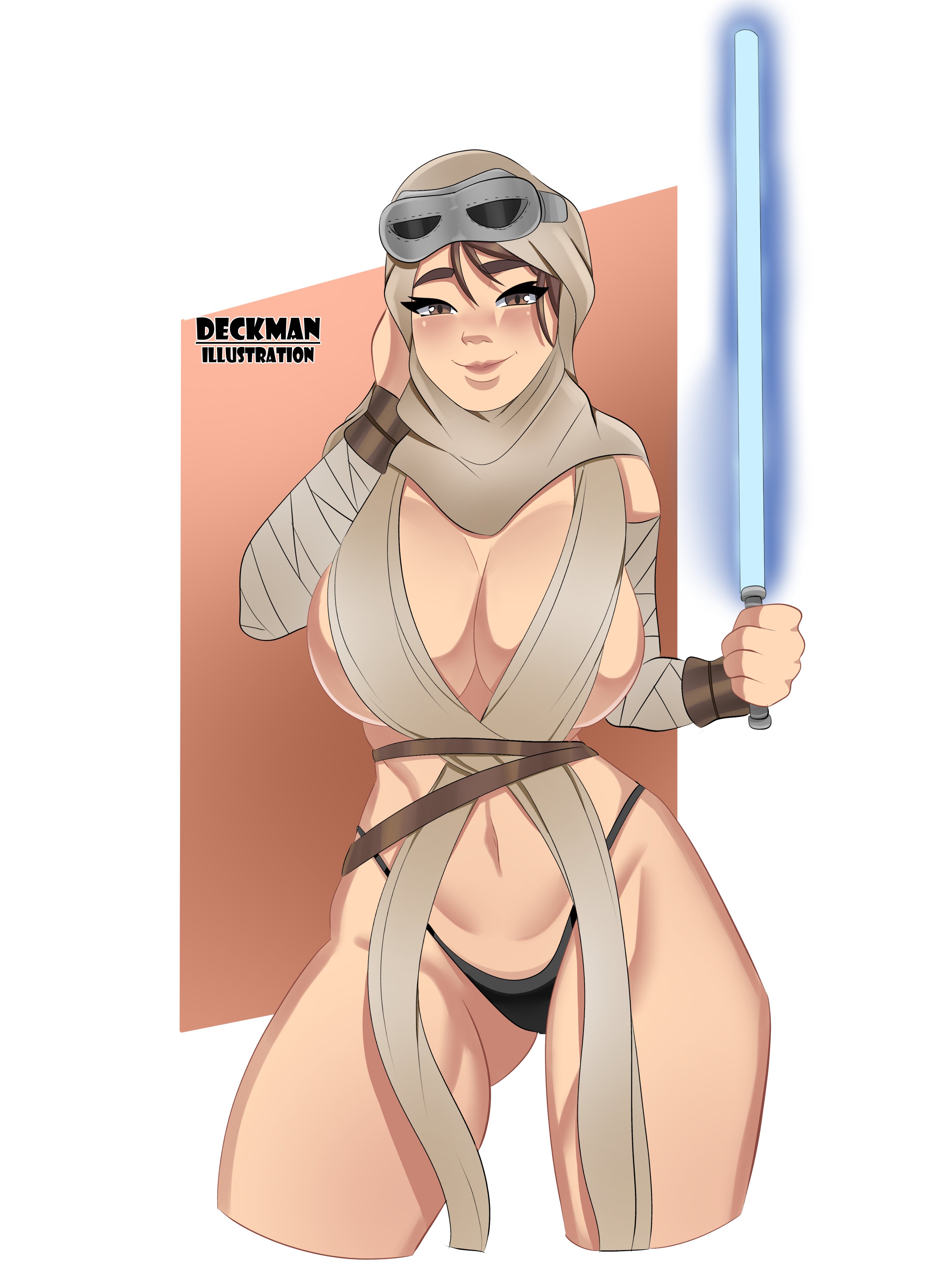 1girls, blue lightsaber, breasts, brown eyes, brown hair, cleavage, deckman, female, female only, goggles, goggles on head, hood, large breasts, lightsaber, looking at viewer, mrdeck, navel, panties, rey, skimpy, smile, solo, star wars, the force awakens, thick thighs