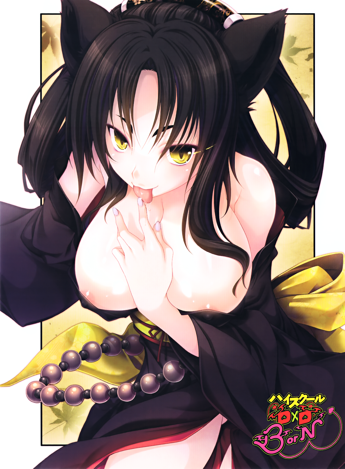 :3, 1girls, animal ears, areola slip, areolae, asking for it, ass visible through thighs, bare shoulders, black hair, breast hold, breast slip, breasts, erect nipples, erect nipples under clothes, female, finger licking, fingernails, hair rings, hairband, hard nipples, high school dxd, huge breasts, kimono, kuroka (high school dxd), large breasts, licking, miyama-zero, nail polish, naughty face, nekomimi, nipple slip, nipples, no bra, off shoulder, official art, open clothes, open shirt, puffy areola, puffy nipples, purple nails, robe, saliva, seductive, seductive smile, shirt, smile, solo, teasing, tongue, tongue out, undressing, wafuku, wardrobe malfunction, yellow eyes