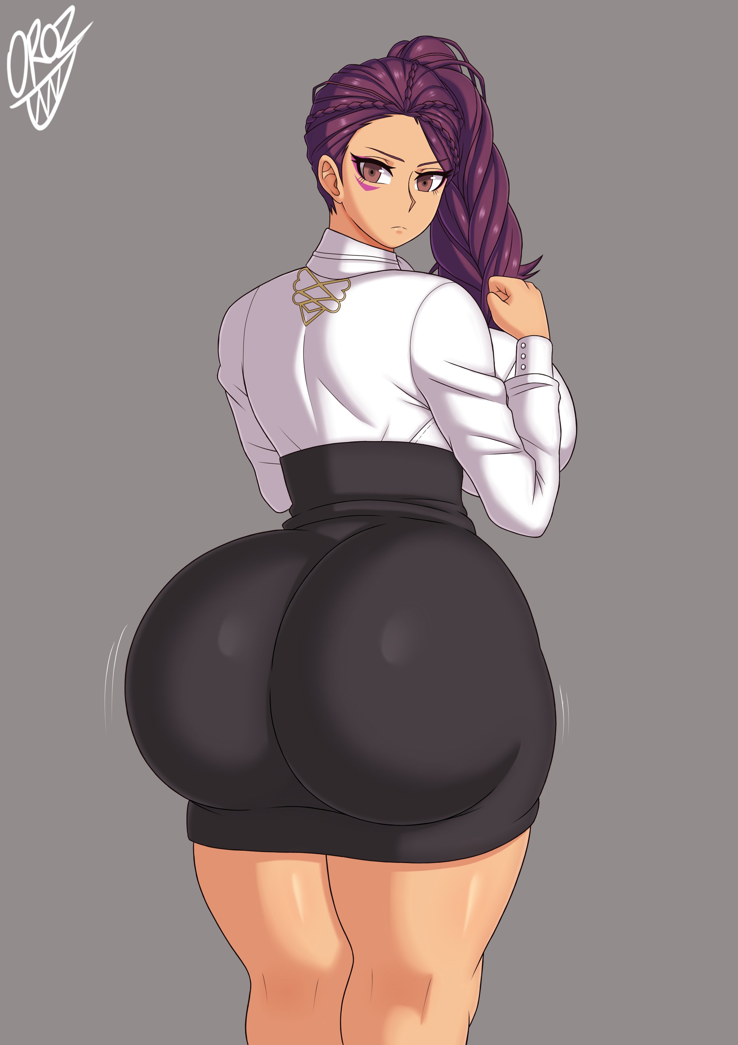 1girls, alternate version available, ass, back view, bouncing ass, breasts, bubble ass, curvy, fat ass, female, female only, fire emblem, fire emblem: three houses, garreg mach monastery uniform, huge ass, huge breasts, looking back, motion lines, nintendo, oroz-kun, petra macneary, purple hair, skirt, solo, thick, voluptuous, wide hips