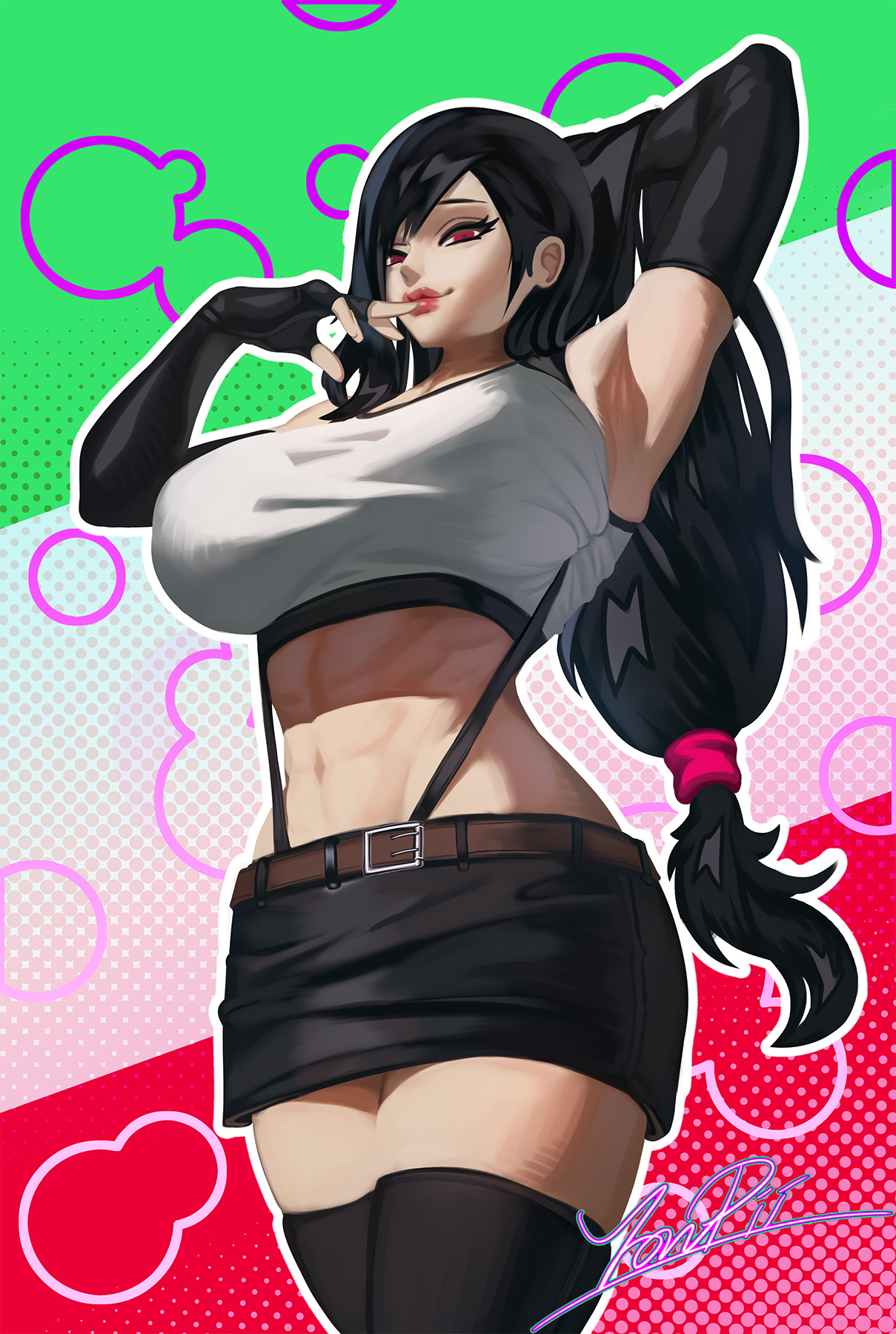 1girls, armpits, armwear, big breasts, black hair, breasts, female, final fantasy, final fantasy vii, hair ribbon, italian flag, italian senate hack, long hair, meme, red eyes, skirt, solo, standing, thick thighs, thighs, tifa lockhart, yonpii