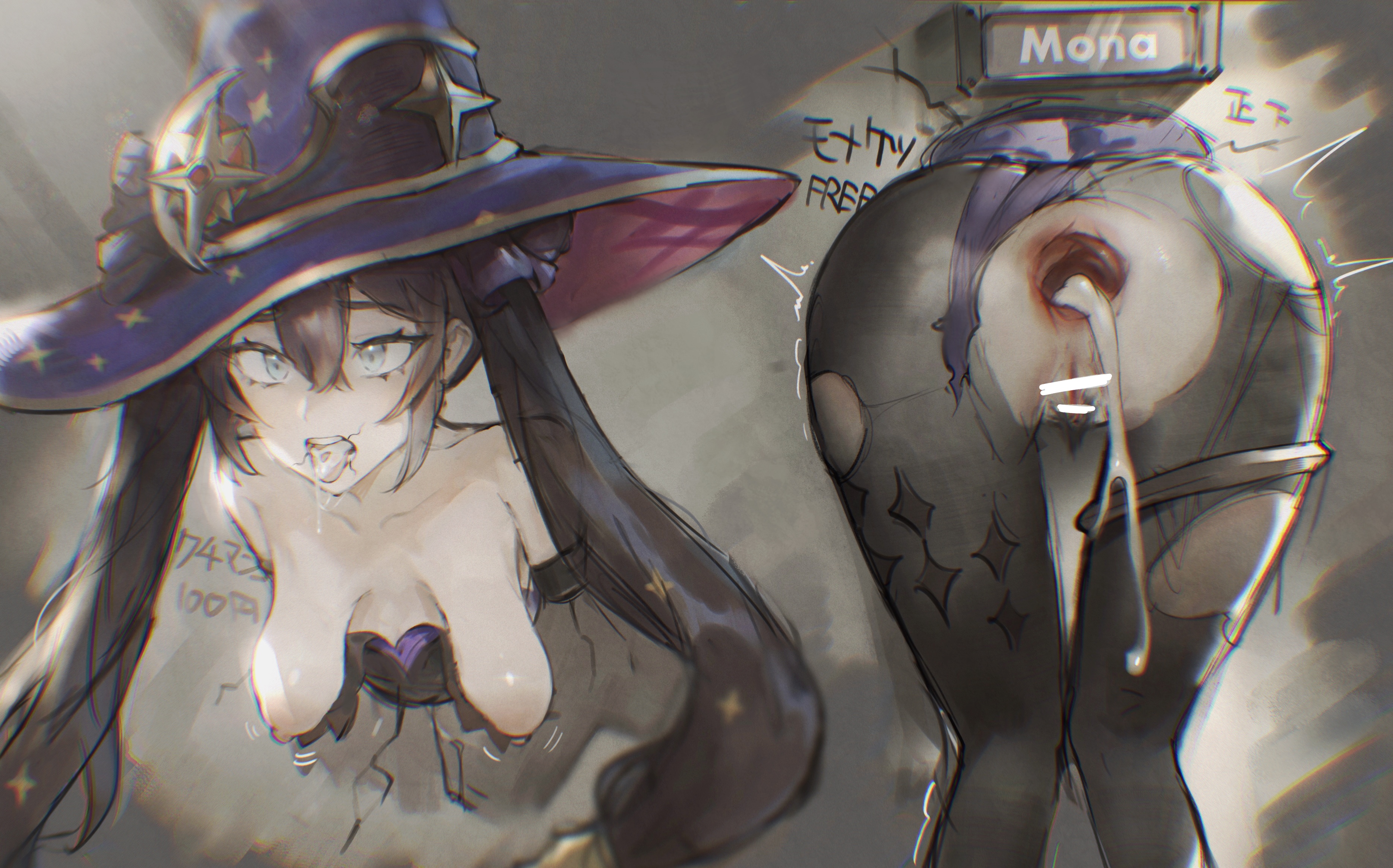 after anal, after deepthroat, after oral, ahe gao, anal, ass, bondage, censored, censored penis, clothed rape, cum, female, gaping, gaping anus, genshin impact, glory hole, hasppa, male, mihoyo, mona (genshin impact), oral, penis, petite, rape, small ass, stuck in wall, teenager, through wall, twintails