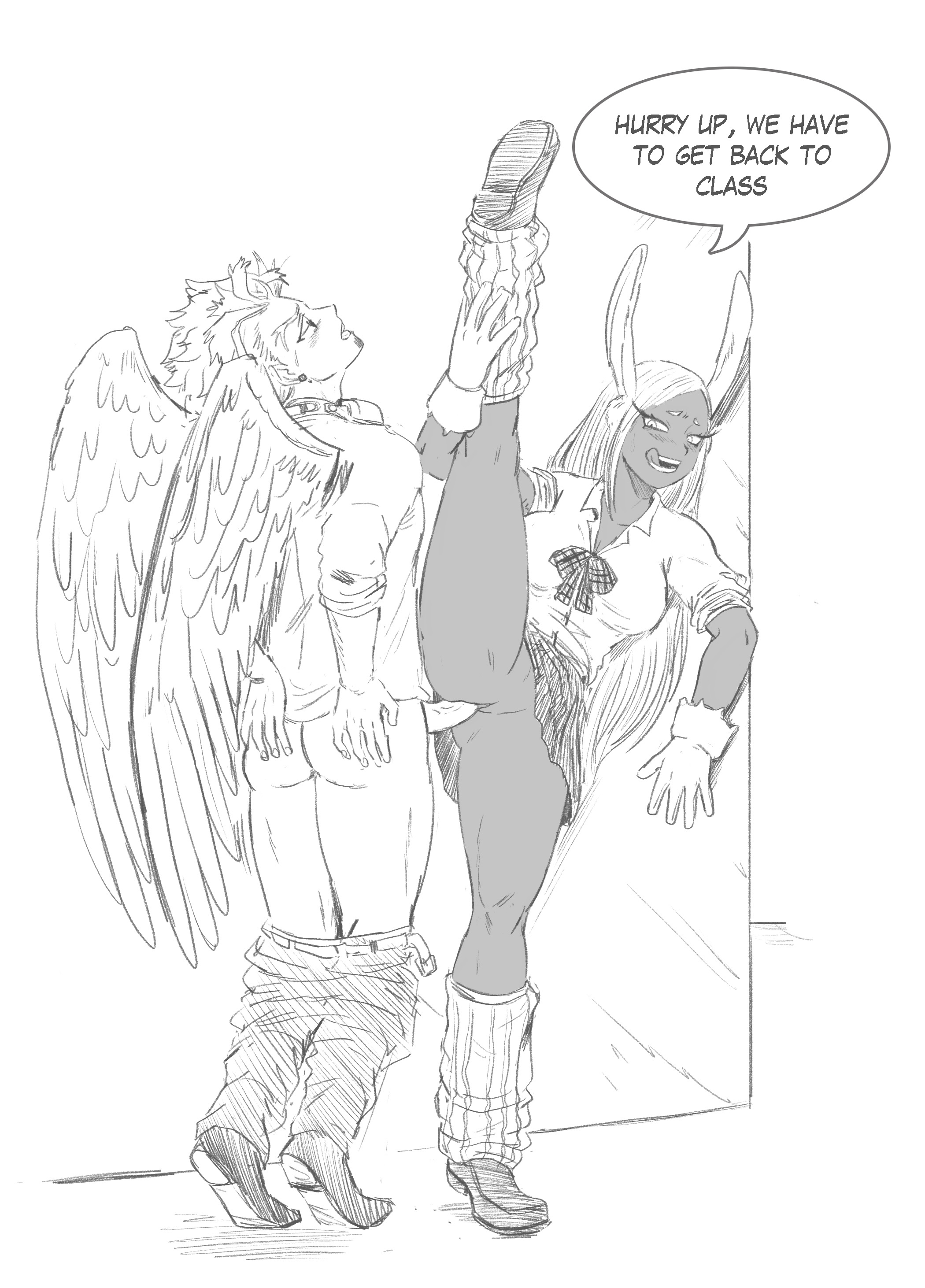 1boy, 1girls, breasts, busty, dark skin, dark-skinned female, female, gloves, hawks (my hero academia), hourglass figure, keigo takami, licking lips, male, mfuncen, miruko, monochrome, my hero academia, no panties, pants down, pussy, rabbit ears, rabbit tail, rumi usagiyama, school uniform, schoolgirl, speech bubble, splits, standing split, tagme, vaginal penetration, wide hips, wings