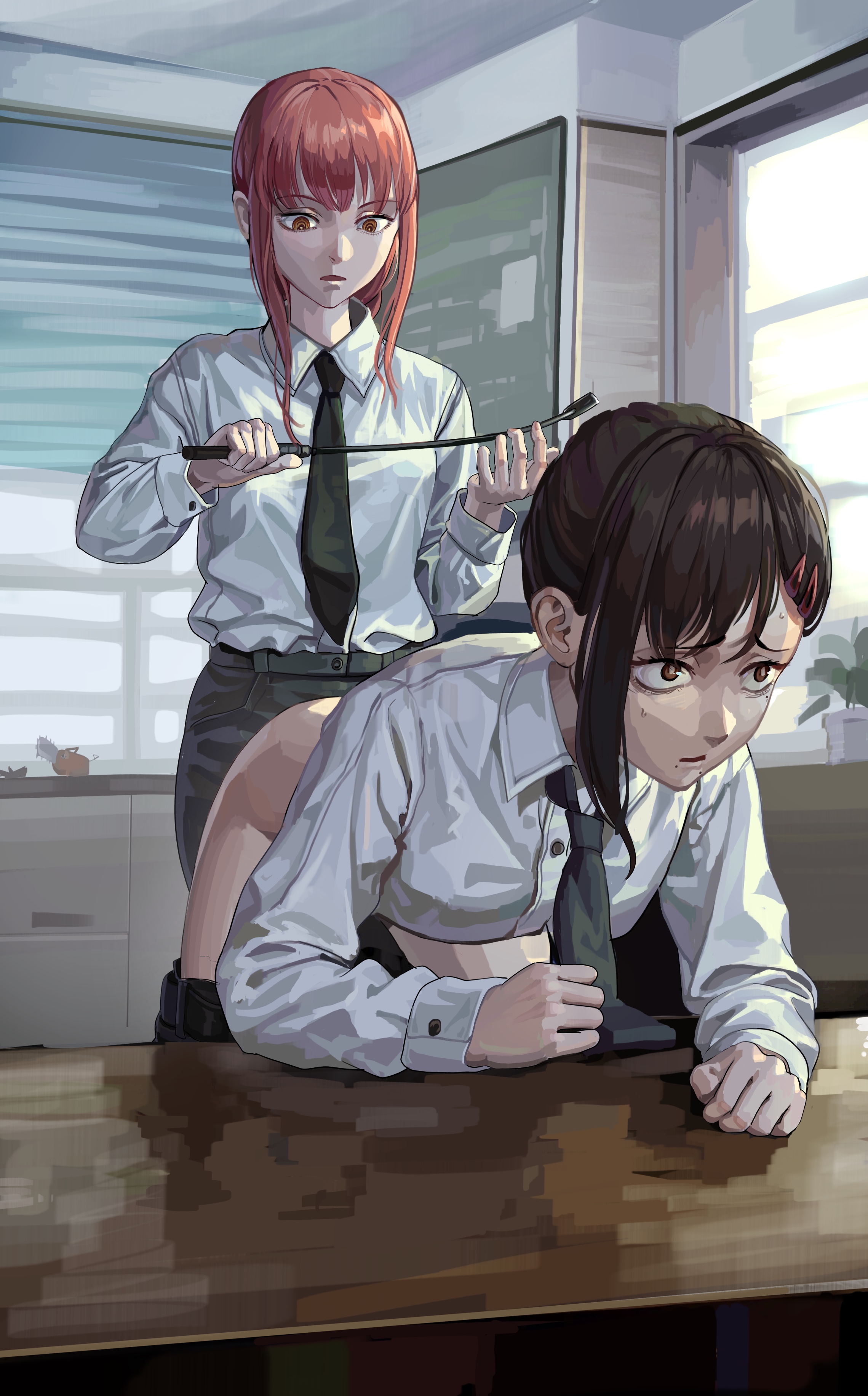 2girls, artist request, bent over, bent over table, black hair, breasts, chainsaw man, dominant female, domination, female, female focus, female only, hair ornament, higashiyama kobeni, makima (chainsaw man), medium breasts, mostly clothed, multiple females, multiple girls, nervous, office, office lady, pants down, punishment, punishment spanking, red eyes, shirt, spanking, submissive, submissive female, tie, whip, yuri