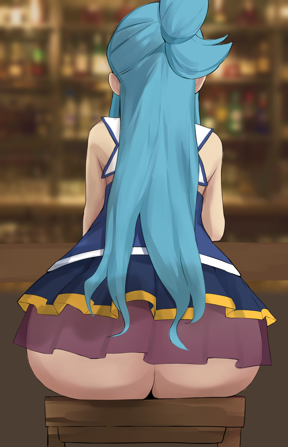 1girls aqua_(konosuba) back back_view beer beer_glass big_ass big_breasts blue_eyes blue_hair dress female female_only from_behind kono_subarashii_sekai_ni_shukufuku_wo! nopan sitting skirt tagme tavern wide_hips xx682567