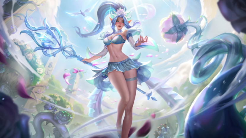 armwear bird blue_eyes blue_hair bra crystal_rose_janna crystal_rose_series detached_sleeves female female_focus flower_in_hair garter holding_object holding_staff janna_windforce league_of_legends miniskirt people_in_background pointed_ears richtofen skirt solo_focus source_request staff standing tagme thorns