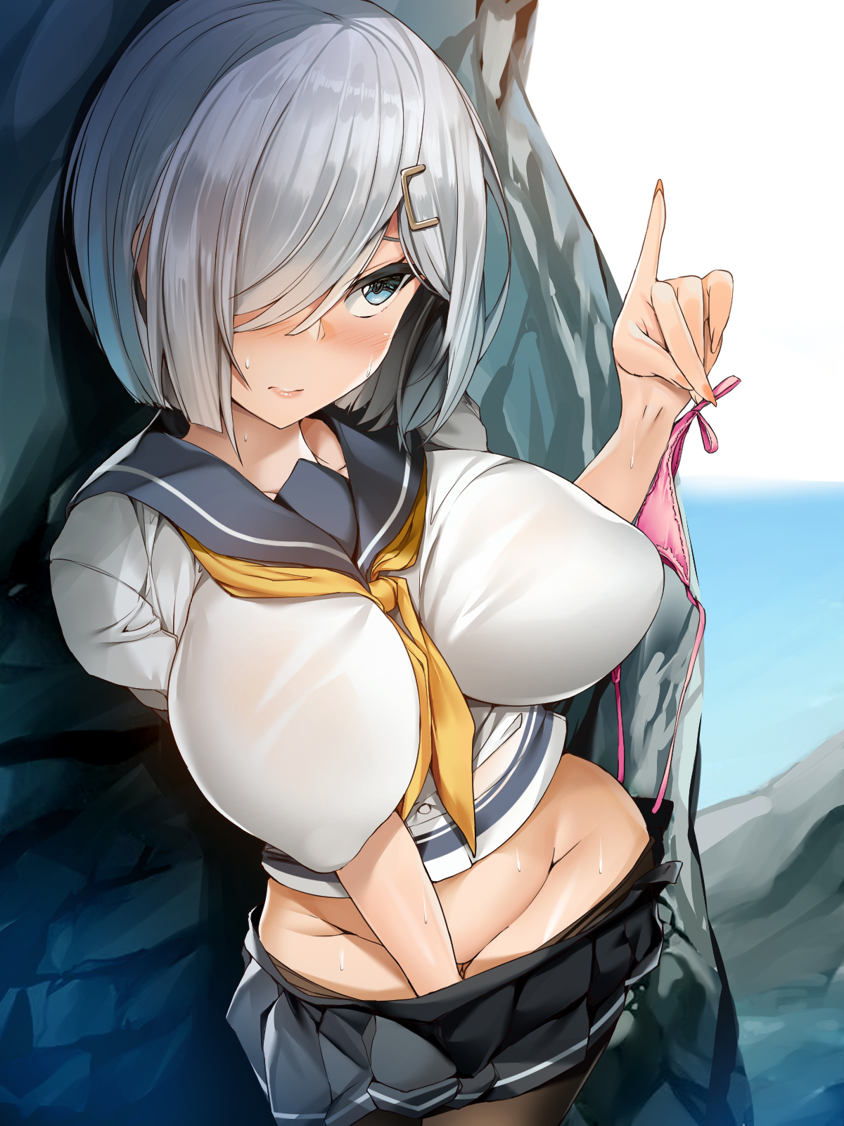 1girls, ass visible through thighs, bangs, between legs, black hair, black legwear, black skirt, blue eyes, blush, breasts, closed mouth, collarbone, covered nipples, female, hair ornament, hair over one eye, hamakaze (kantai collection), hand between legs, hand between own legs, hand in own skirt, hand in skirt, highres, holding, holding clothes, holding panties, holding underwear, kantai collection, large breasts, lips, neckerchief, no panties, ocean, panties, panties removed, pantyhose, pink panties, rock, sailor collar, school uniform, serafuku, shirt, short hair, silver hair, skirt, standing, thong, torisan, underwear, white shirt, yellow neckerchief