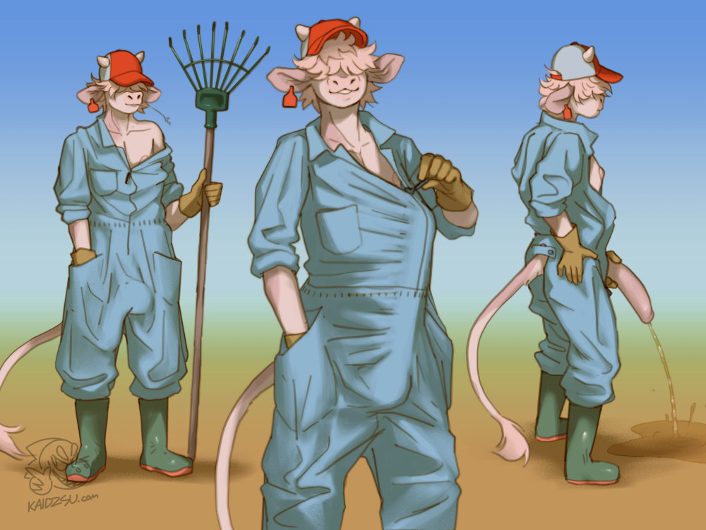 1boy anthro big_penis bulge cow_boy cow_ears cow_tail farm farmer kaidzsu large_penis looking_at_viewer oc original_character peeing smiling solo_male urine