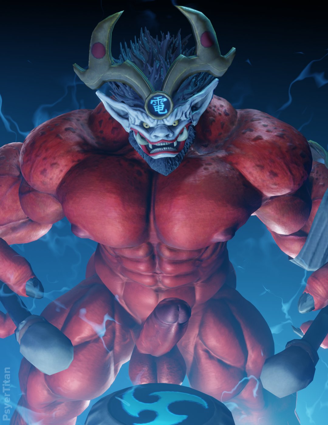 2_horns abs angry anthro asian_mythology biceps big_muscles big_penis demon drum drumstick_(musical) east_asian_mythology genitals hi_res holding_drumstick horn humanoid humanoid_genitalia humanoid_penis japanese_mythology looking_at_viewer male male_only muscular muscular_anthro muscular_male musical_instrument mythology oni pecs penis percussion_instrument psyertitan red_body solo vein veiny_muscles veiny_penis yellow_sclera youkai